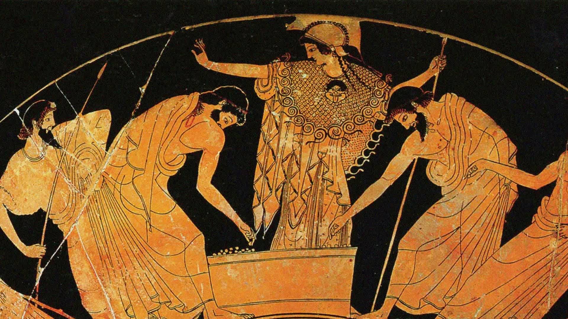 Athena presides over the voting for the award of the arms of Achilles, c. 490 BC. Found in the collection of the Art History Museum, Vienne. Artist Duris (Douris), (Vase painter) (ca. 505-465 BC). (Photo by Fine Art Images/Heritage Images via Getty Images)