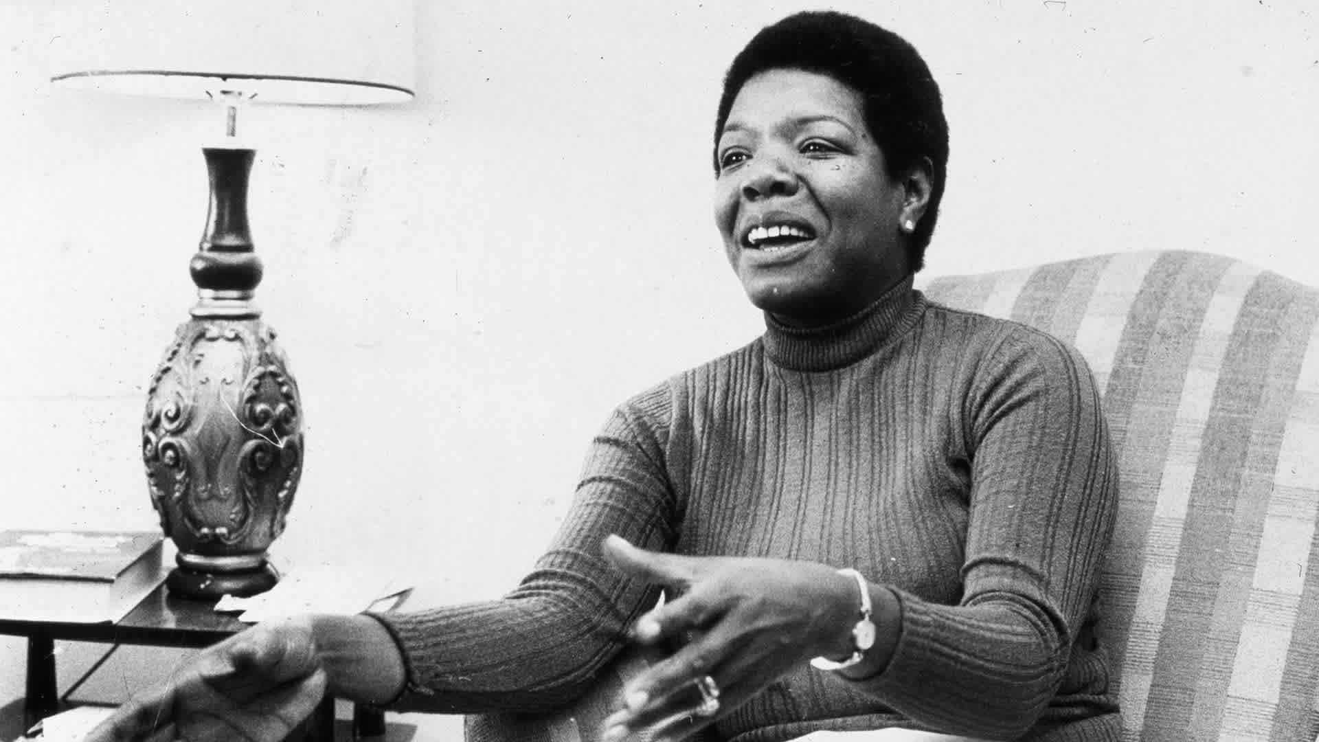 American poet and author Maya Angelou gestures while speaking in a chair during an interview at her home on April 8, 1978.