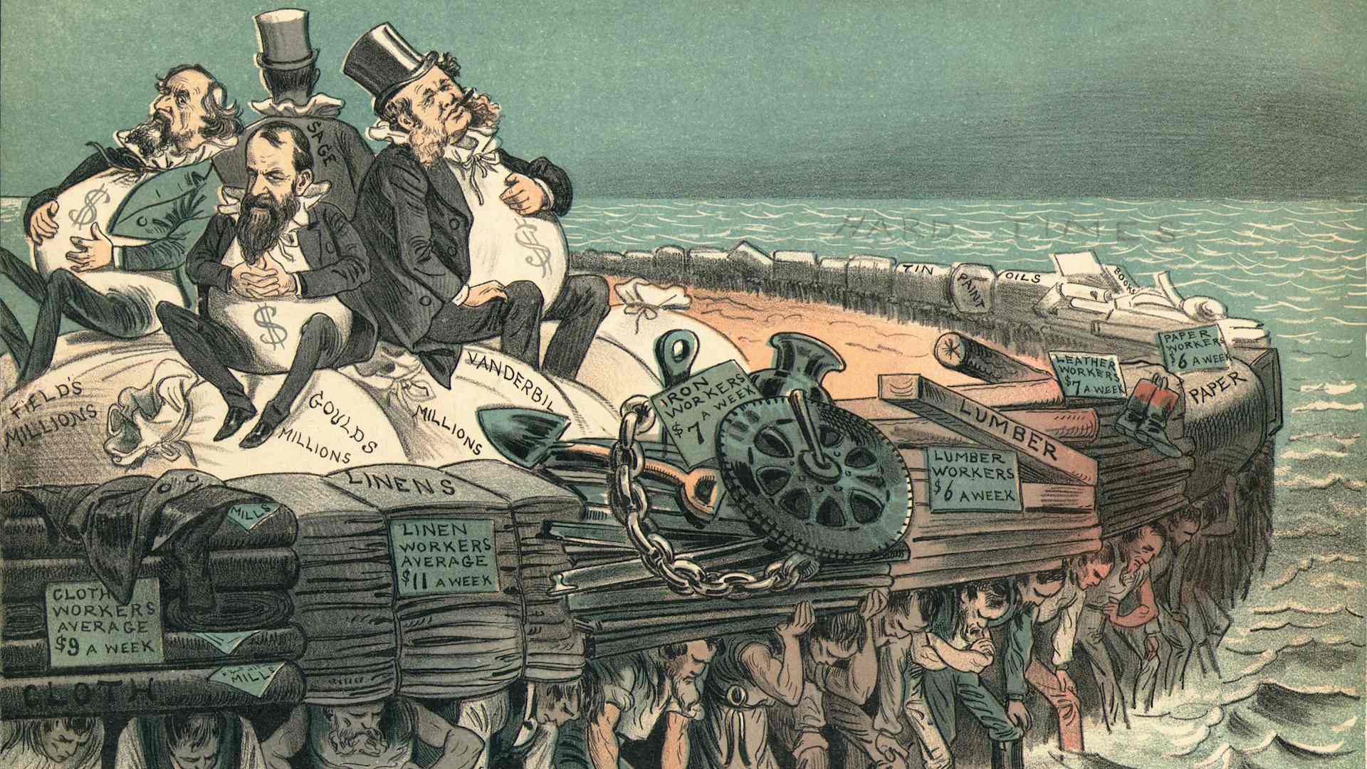 A political cartoon from 1883 aimed at wealthy businessmen, including Vanderbilt, that depicts laborers awash in a sea of hard times, struggling to hold up the industries with low wage jobs on their backs as the industrialists and their millions weigh them down.