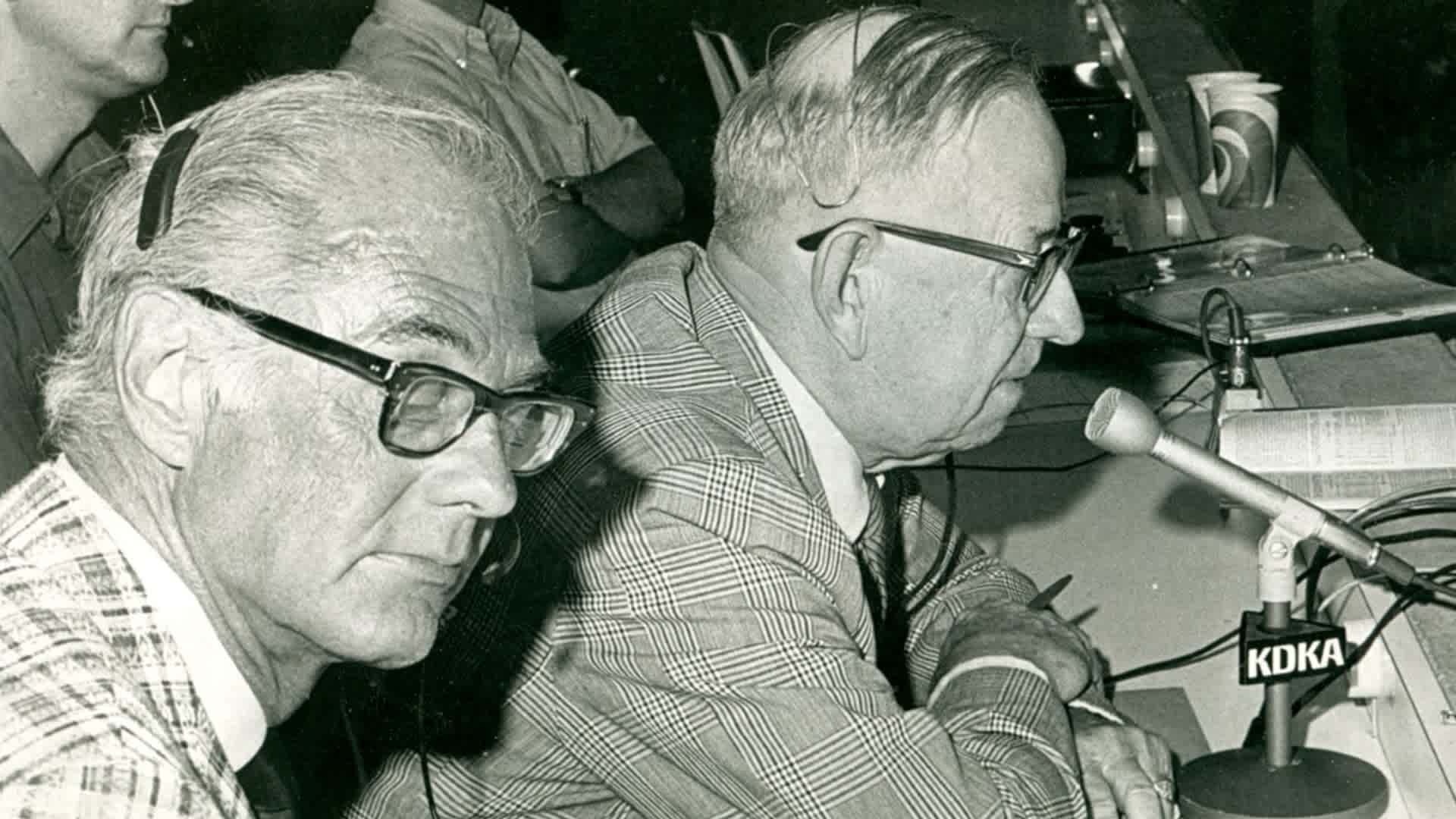 Pittsburgh Pirates broadcaster Bob Prince (left) and Harold Arlin, who broadcast the first Major League Baseball game on Aug. 5, 1921. In this photo from Aug. 30, 1972, at the San Diego Padres-Pirates game, Arlin broadcast an inning of his grandson, Steve, who was pitching for the Padres.