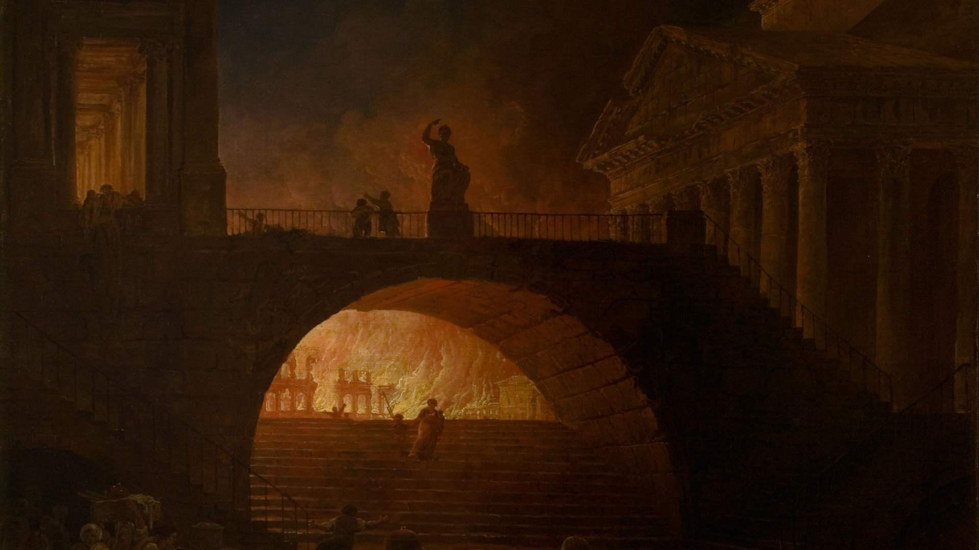 The burning of Rome in 64 AD (1771 oil on canvas 0, 75 x 0, 93), Robert Hubert ( 1733-1808 ), Museum of Fine Arts, Le Havre, Italy. (Photo by: Christophel Fine Art/Universal Images Group via Getty Images)