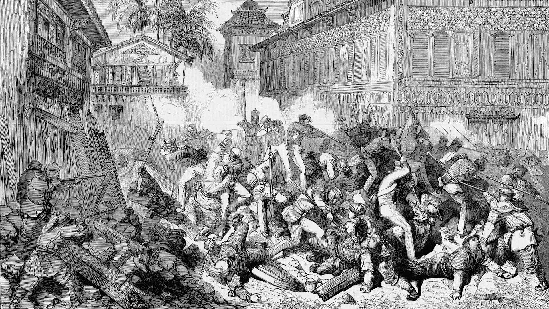 Allied French and English troops storm through a breech in the fortifications of Canton (Guangzhou), China. The event occurred during the Taiping Rebellion, a war begun by a Kwangsi district schoolmaster and mystic Hong Xiuquan, 38, who believed himself the younger brother of Jesus Christ.