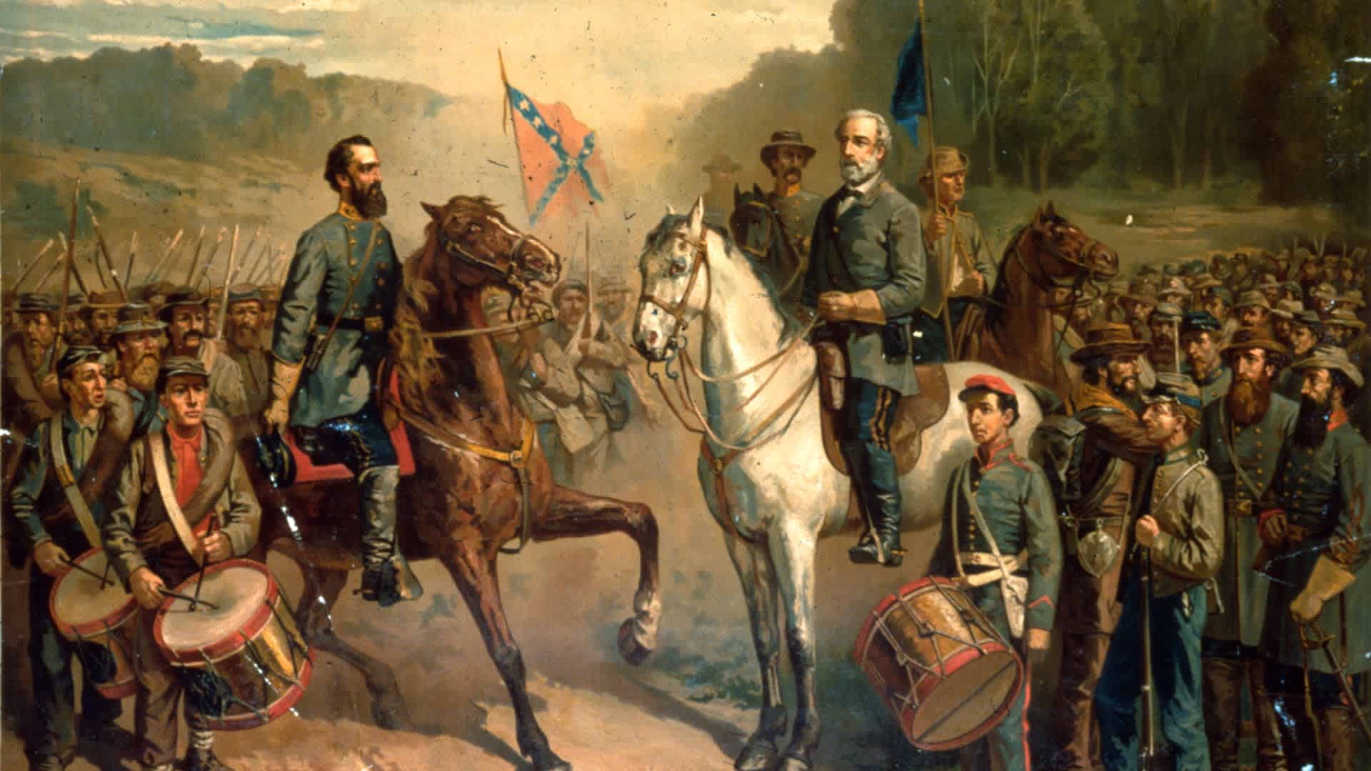 A Last Meeting1863: The last meeting between the Confederate Army Generals Stonewall Jackson (1824 - 1863) and Robert E Lee (1807 - 1870). Jackson (left) was shot and fatally wounded by his own men during the Battle of Chancellorsville, when his escort was mistaken for a detachment of Union troops. (Photo by MPI/Getty Images)