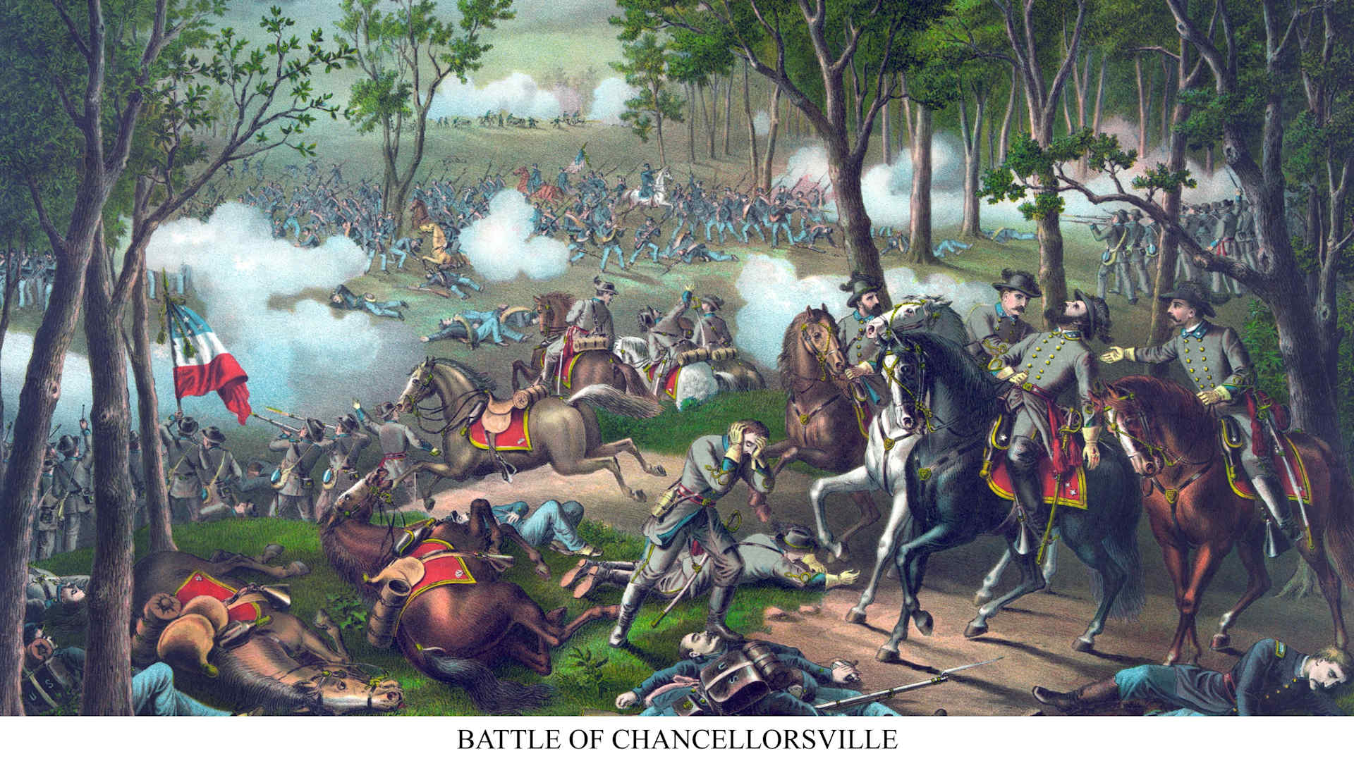 UNITED STATES - CIRCA 1863: Union defeat of General Hooker's Army at the hands of Lees Army of Northern Virginia which although a decisive victory for the South resulted in the loss of General Stonewall Jackson who was killed. (Photo by Buyenlarge/Getty Images)