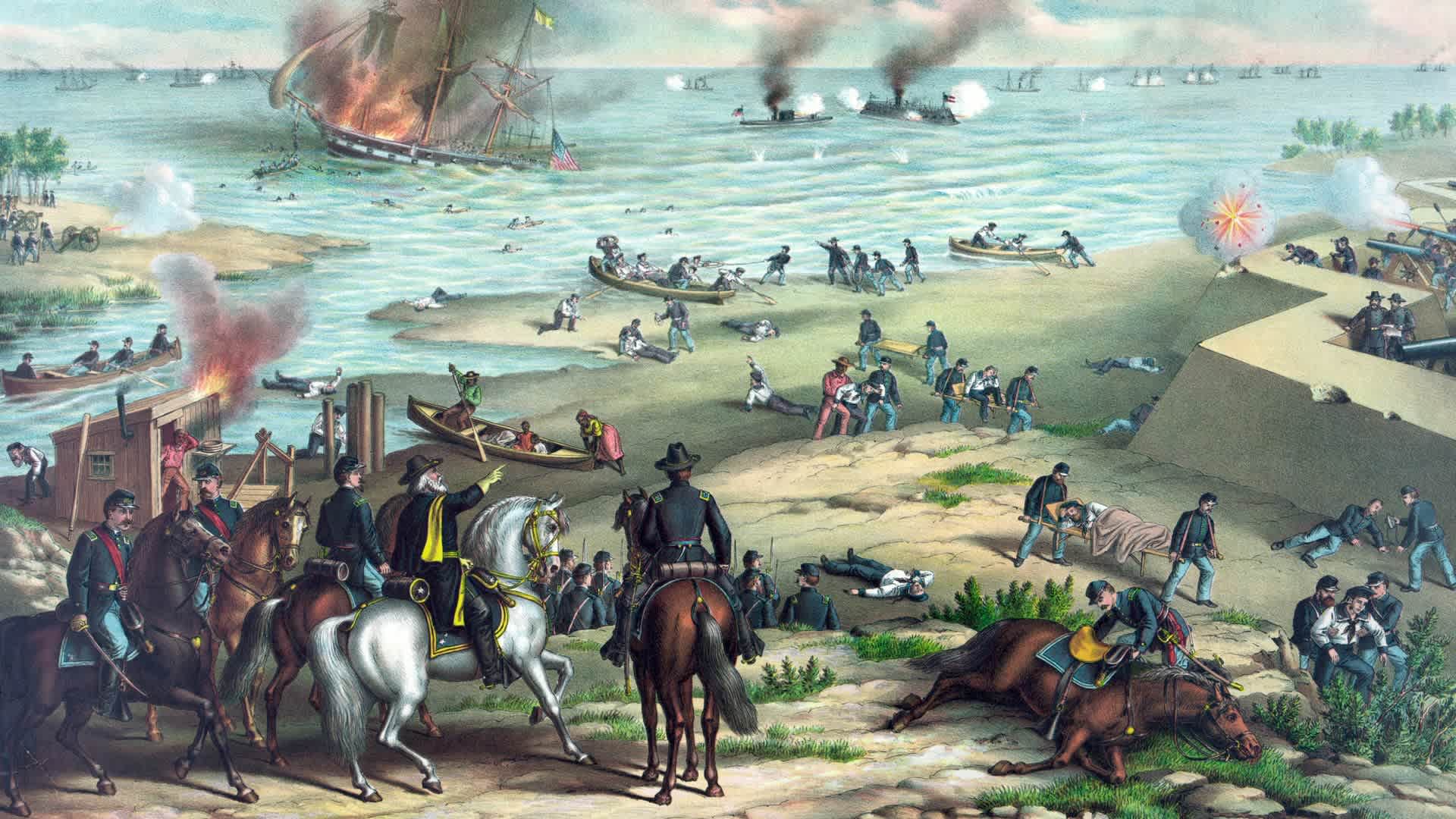 The Battle of Fredericksburg. Coloured scene of The Battle of Fredericksburg, fought in December 1862, Fredericksburg, Virginia. Scene shows the battle taken place on the beach, with lots of destruction and casualties. 1862. (Photo by: Photo12/Universal Images Group via Getty Images)