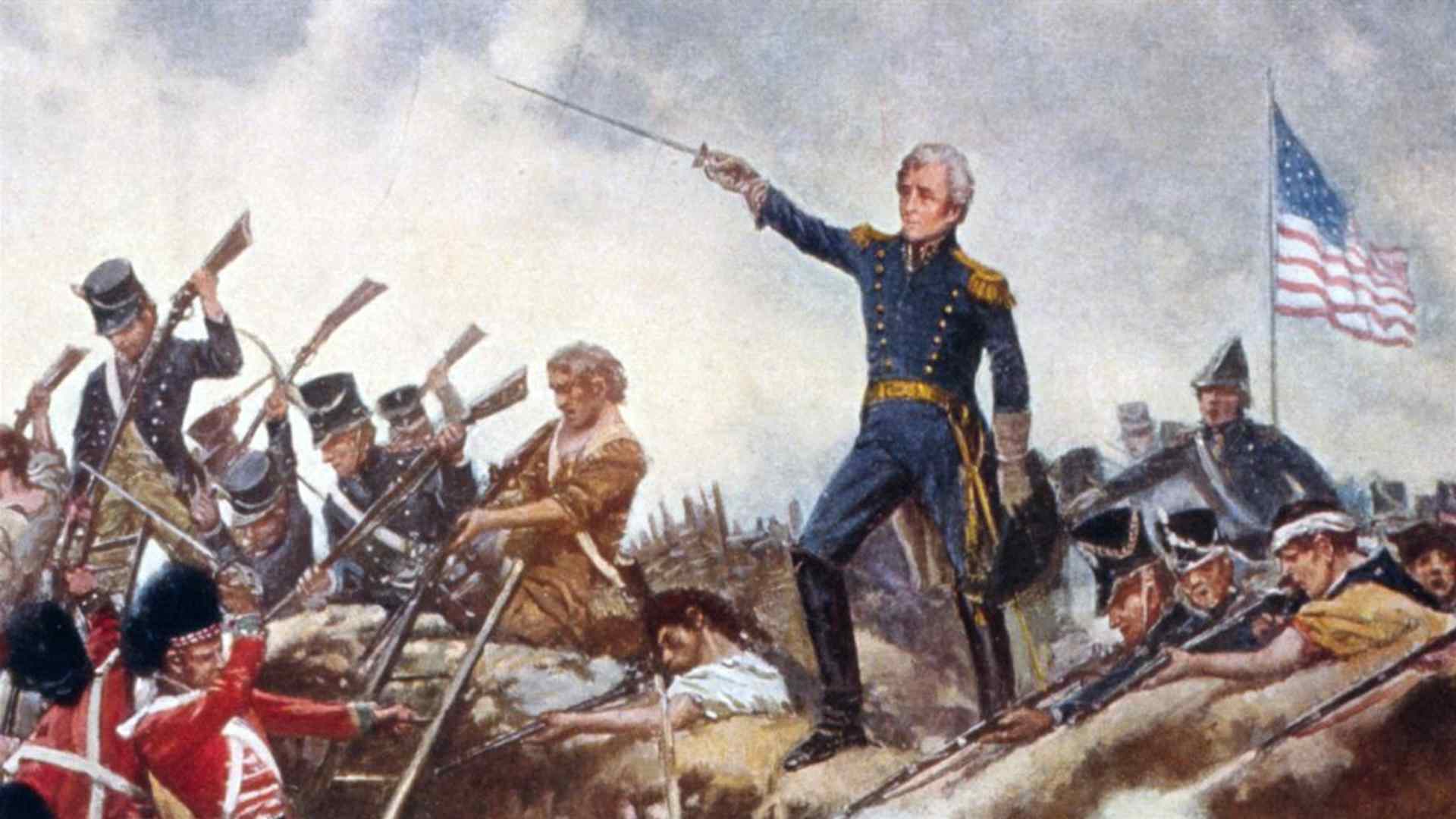 The Battle of New Orleans BY E. Percy Moran. Shows Andrew Jackson standing in front of American flag with sword raised. Artist E. Percy Moran, 1910