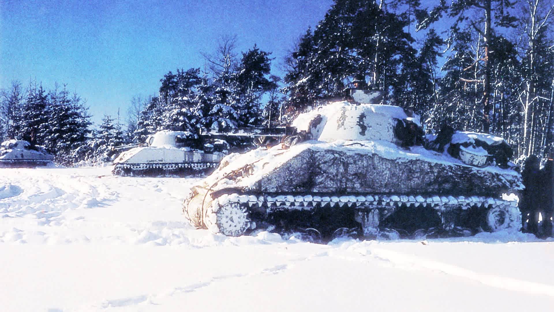 Battle of the Bulge Battle of the Bulge, Three M4 Sherman tanks have taken up positions near St. Vith during the Battle of the Bulge, also known as the Ardennes Offensive or the Von Rundtstedt Offensive. 20th December 1944. Belgium. (Photo by Galerie Bilderwelt/Getty Images)