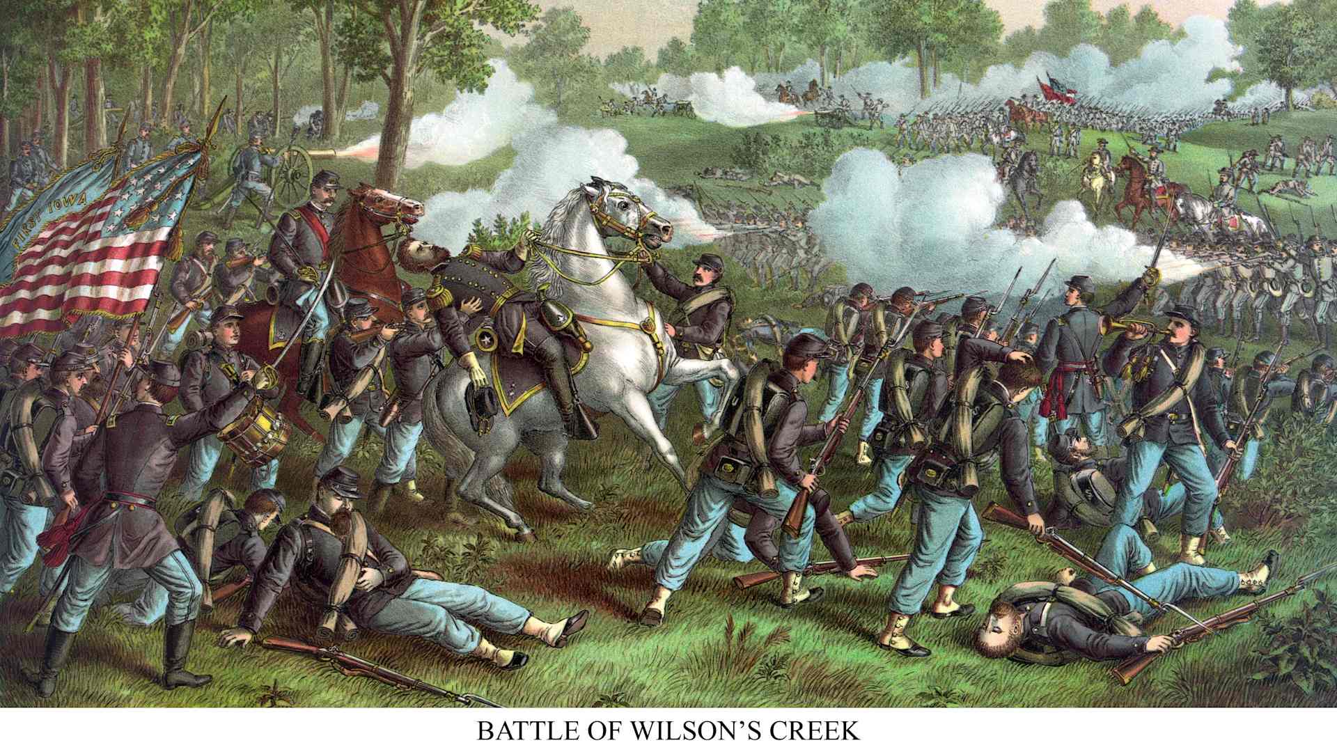 UNITED STATES - CIRCA 1861: The Battle of Wilson's Creek, also known as the Battle of Oak Hills, was fought on August 10, 1861, near Springfield, Missouri, between Union forces and the Missouri State Guard, early in the American Civil War. It was the first major battle of the war west of the Mississippi River and is sometimes called the "Bull Run of the West." (Photo by Buyenlarge/Getty Images)