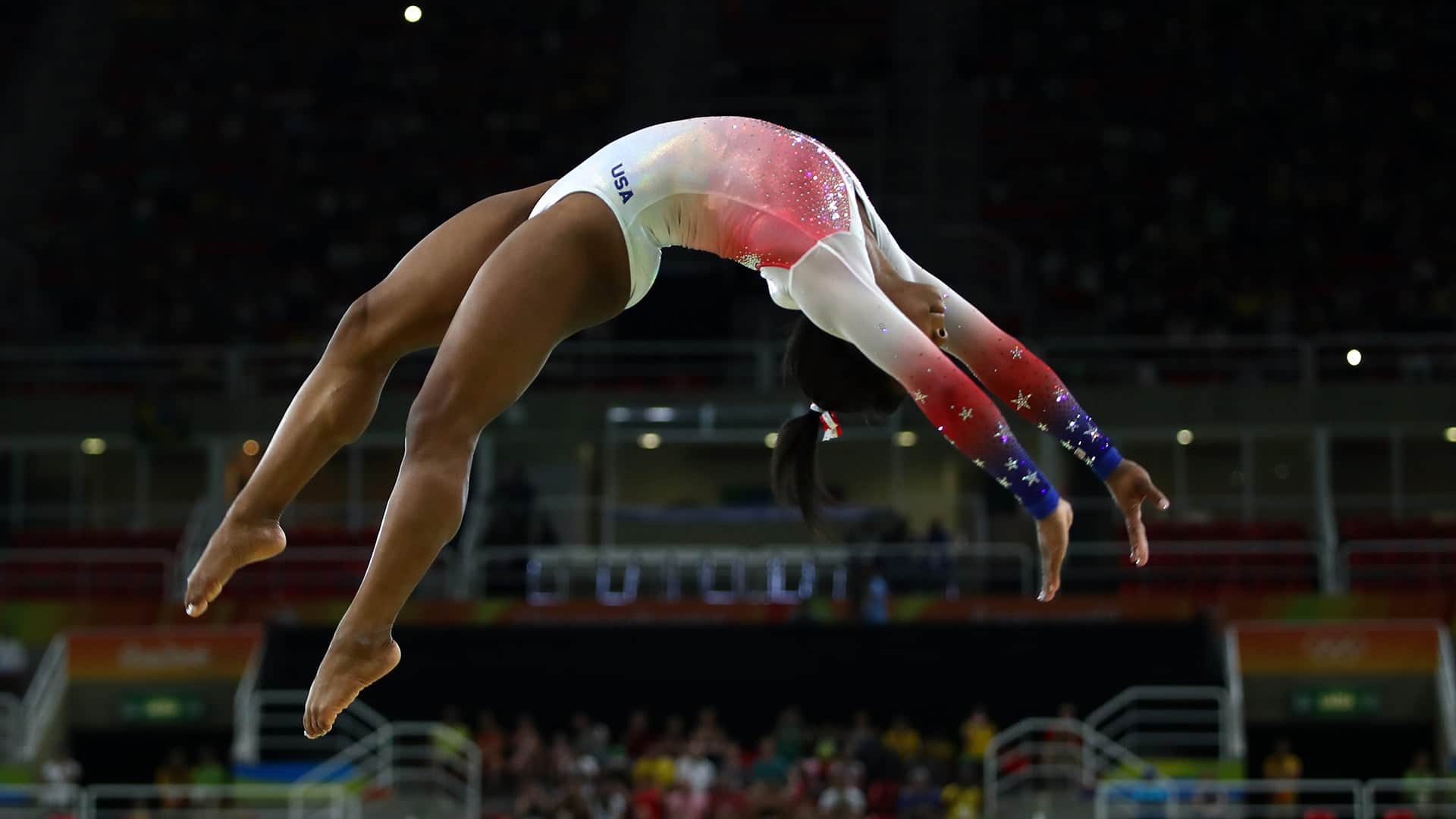 RIO DE JANEIRO, BRAZIL - AUGUST 17: Simone Biles of the United States performs on the beam during the Gymnastics Rio Gala on Day 12 of the 2016 Rio Olympic Games on August 17, 2016 in Rio de Janeiro, Brazil.