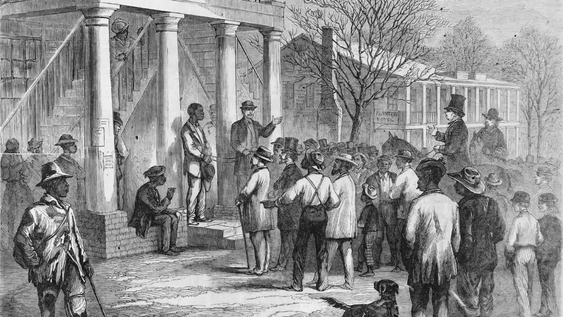 Selling A Freeman To Pay His FineCopy of an illustration showing a free black man being sold to pay his fine, in Monticello, Florida, 1867. The sketch illustrates events which happened under the Black Codes, a series of laws passed by Southern states which imposed severe punishment upon blacks who broke labor contracts, including being sold for up to one year's labor. Many Northerners considered it another form of slavery. (Photo by Interim Archives/Getty Images)