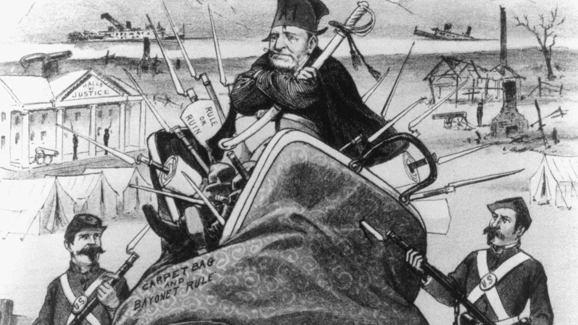 A political cartoon depicting a woman as the South being crushed under the wieght of the carpetbagger, who is protected by military support on President Grant's order.