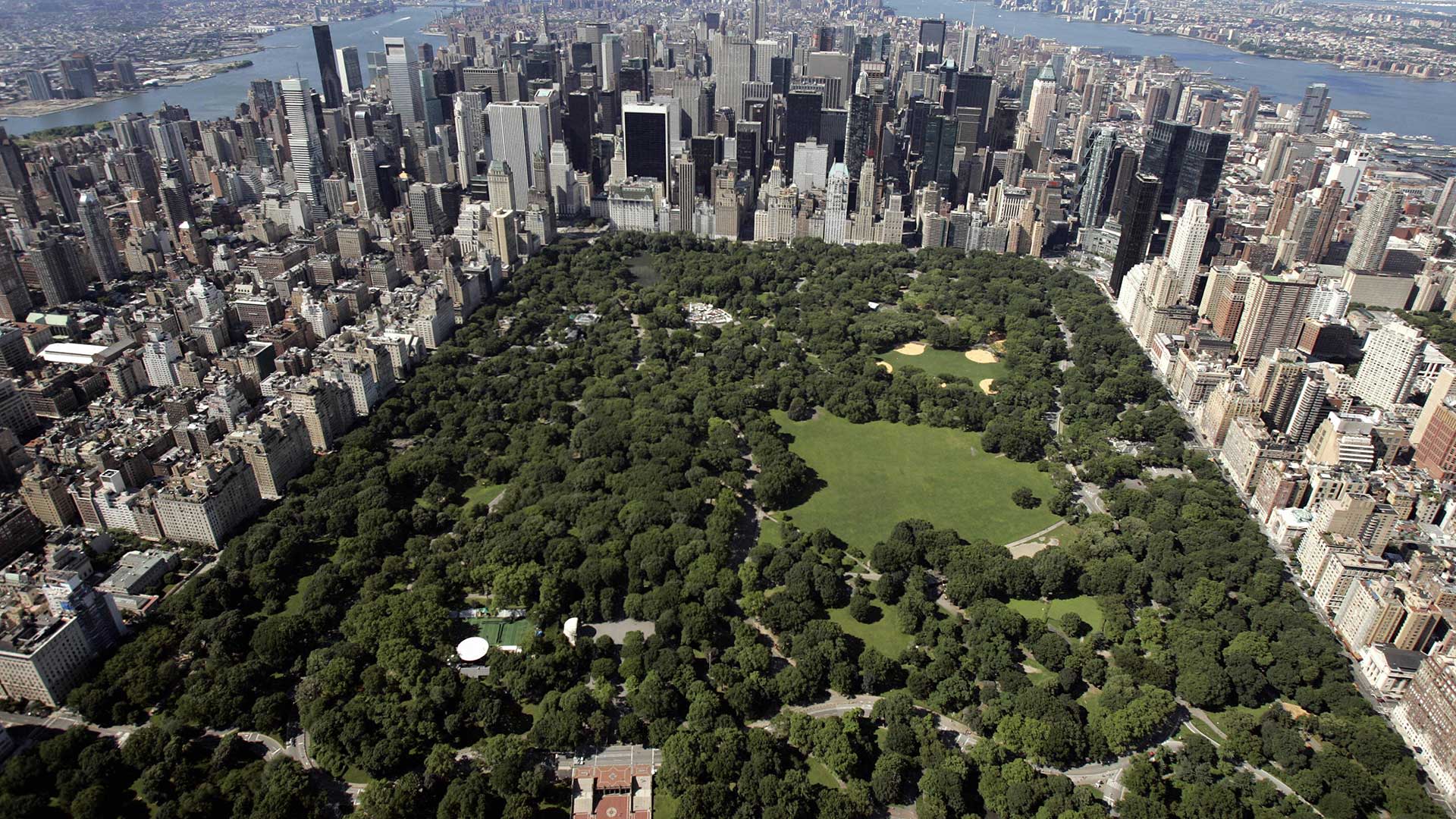 Aerial view of Manhattan looking south over Central Park in July 2007 in New York City.