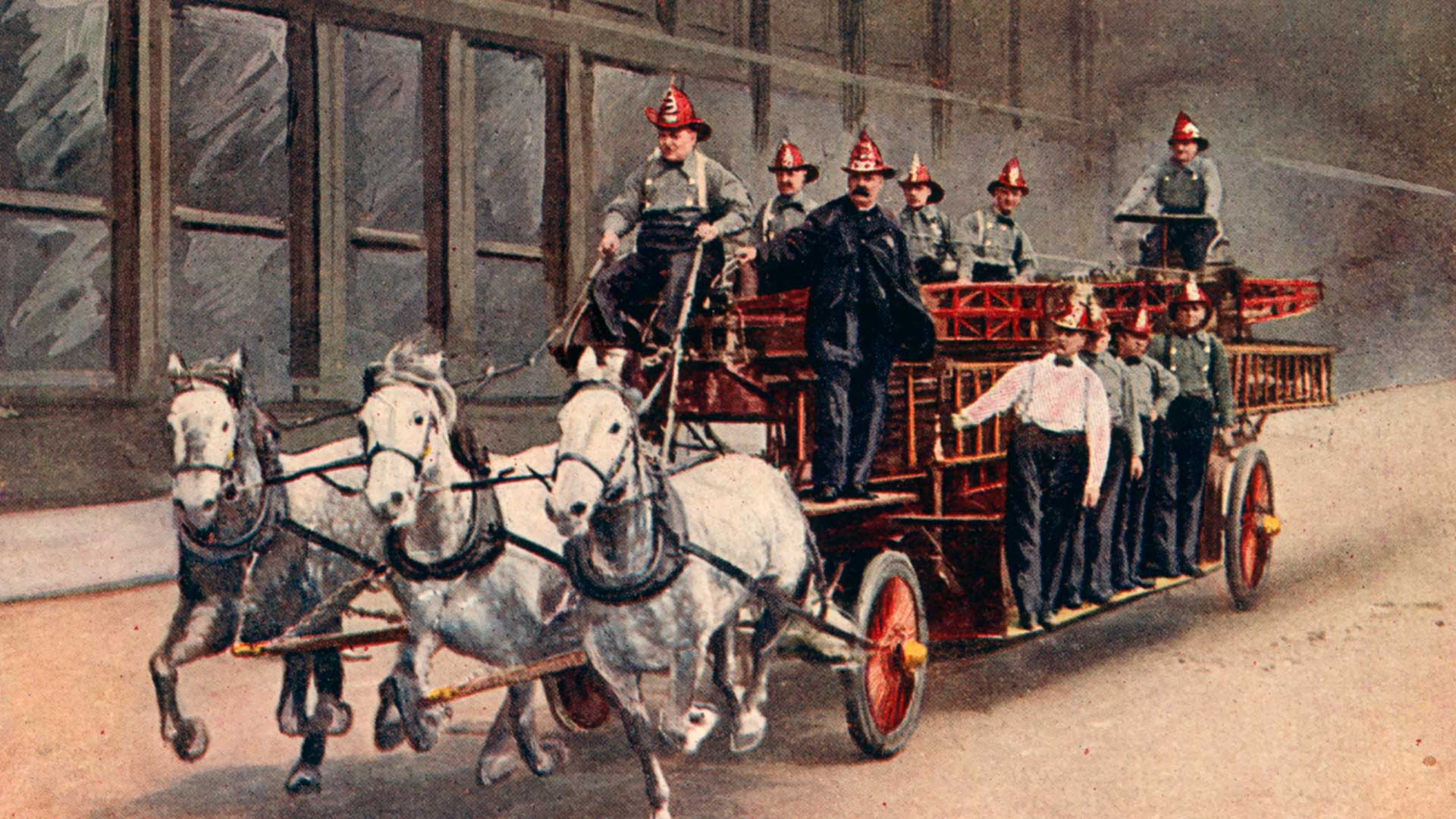 Firemen on Horse-Drawn Fire Truck, "On the Way to a Fire", Chicago, USA, Postcard, circa 1890.