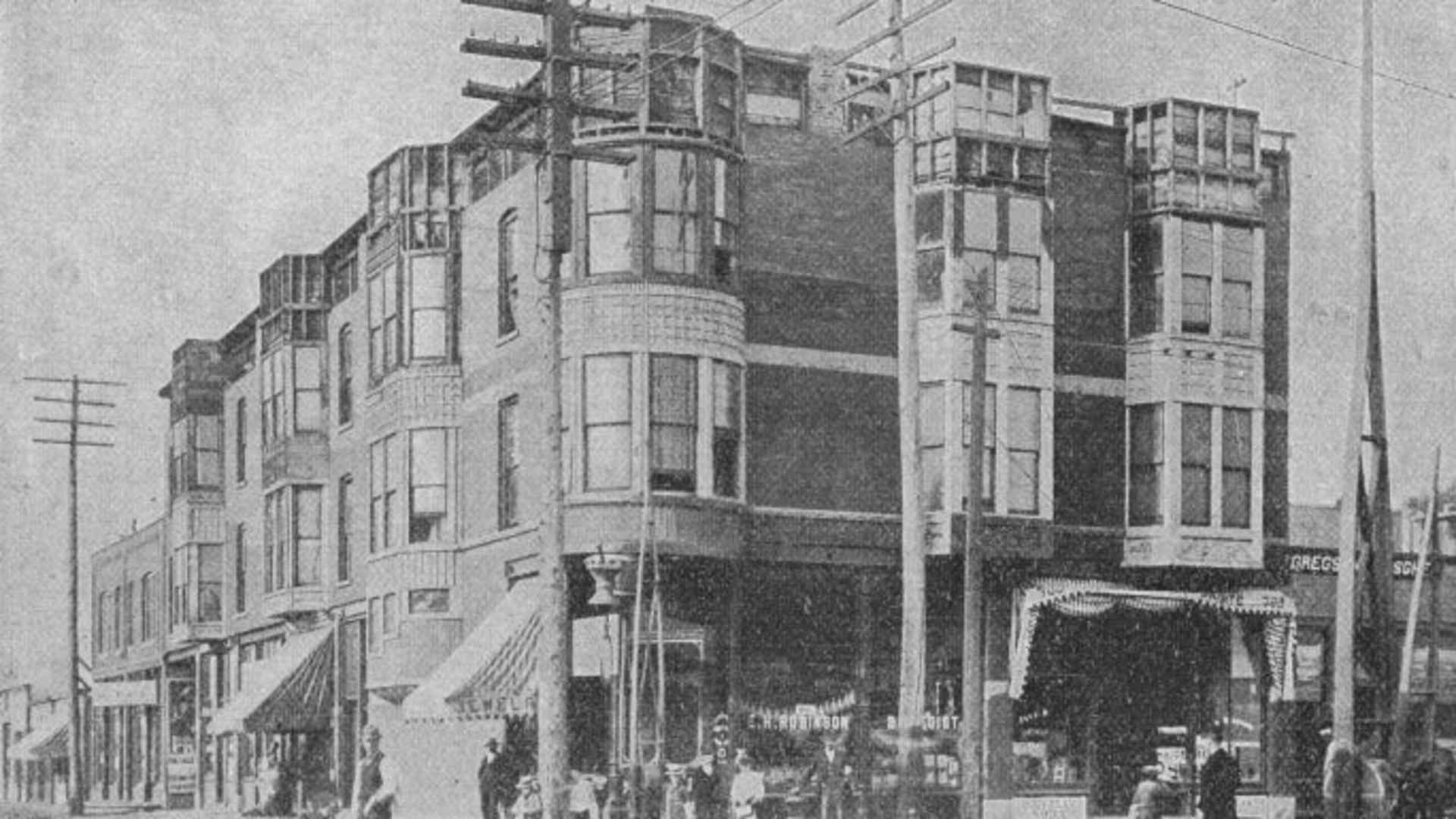 View of the World's Fair Hotel which later became known as Holmes' 'Castle'. The structure was designed by serial murderer Herman Webster Mudgett (better known by his alias H.H. Holmes), who built the structure to lure victims from the World's Columbian Exposition, then occuring in Chicago. (Credit: Chicago History Museum/Getty Images)