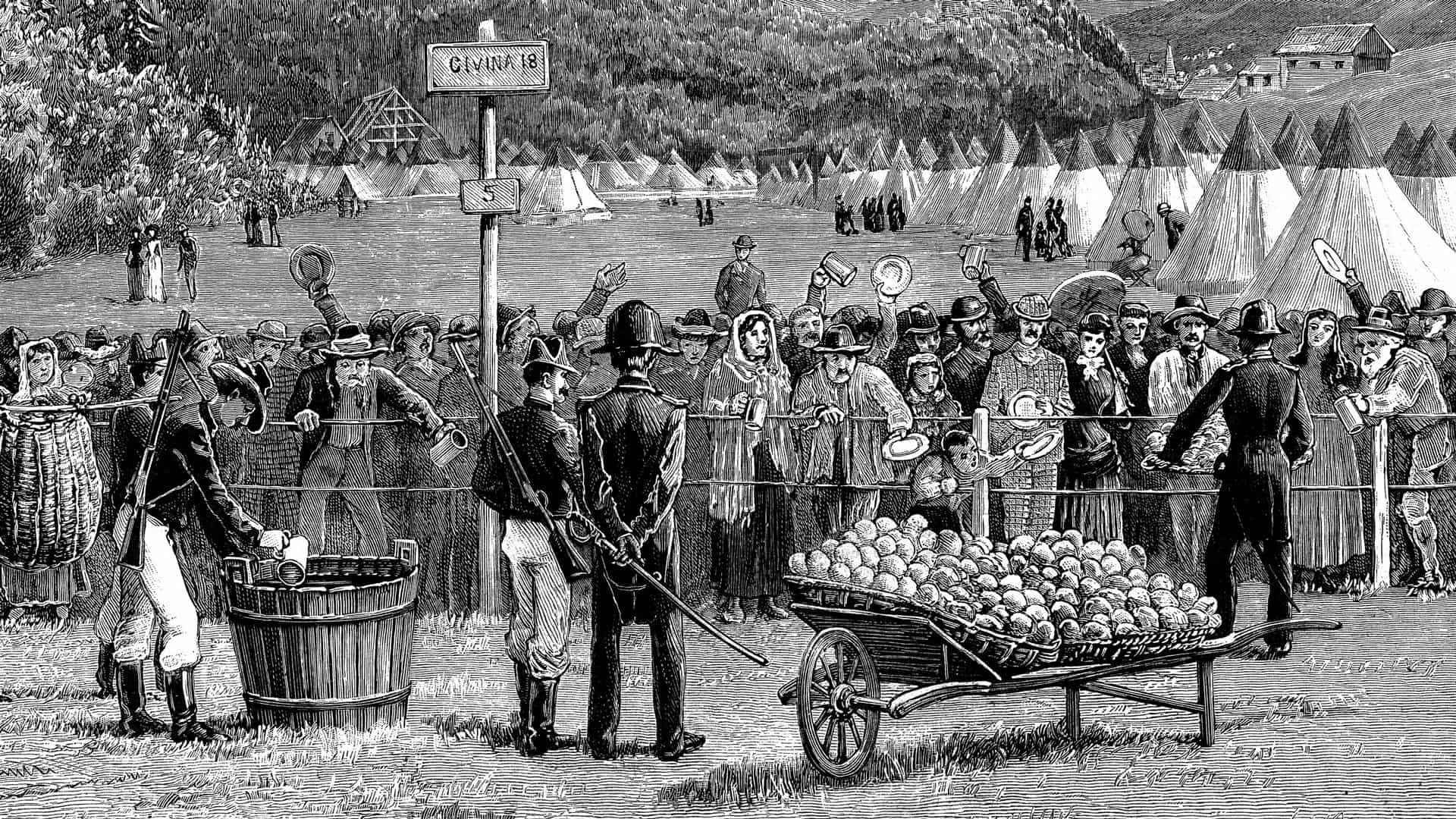 Cholera epidemic in Europe: travellers from Switzerland en route for Italy being kept in quarantine at Bardonnechia, Italy, for five days. Illustration published London, 16 August 1884...UNSPECIFIED - CIRCA 1754: Cholera epidemic in Europe: travellers from Switzerland en route for Italy being kept in quarantine at Bardonnechia, Italy, for five days. Illustration published London, 16 August 1884 (Photo by Universal History Archive/Getty Images)