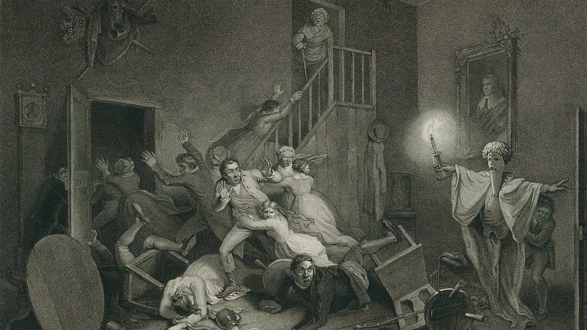 An 1814 engraving depicts a boy scaring guests with a ghost at a Victorian Christmas party.