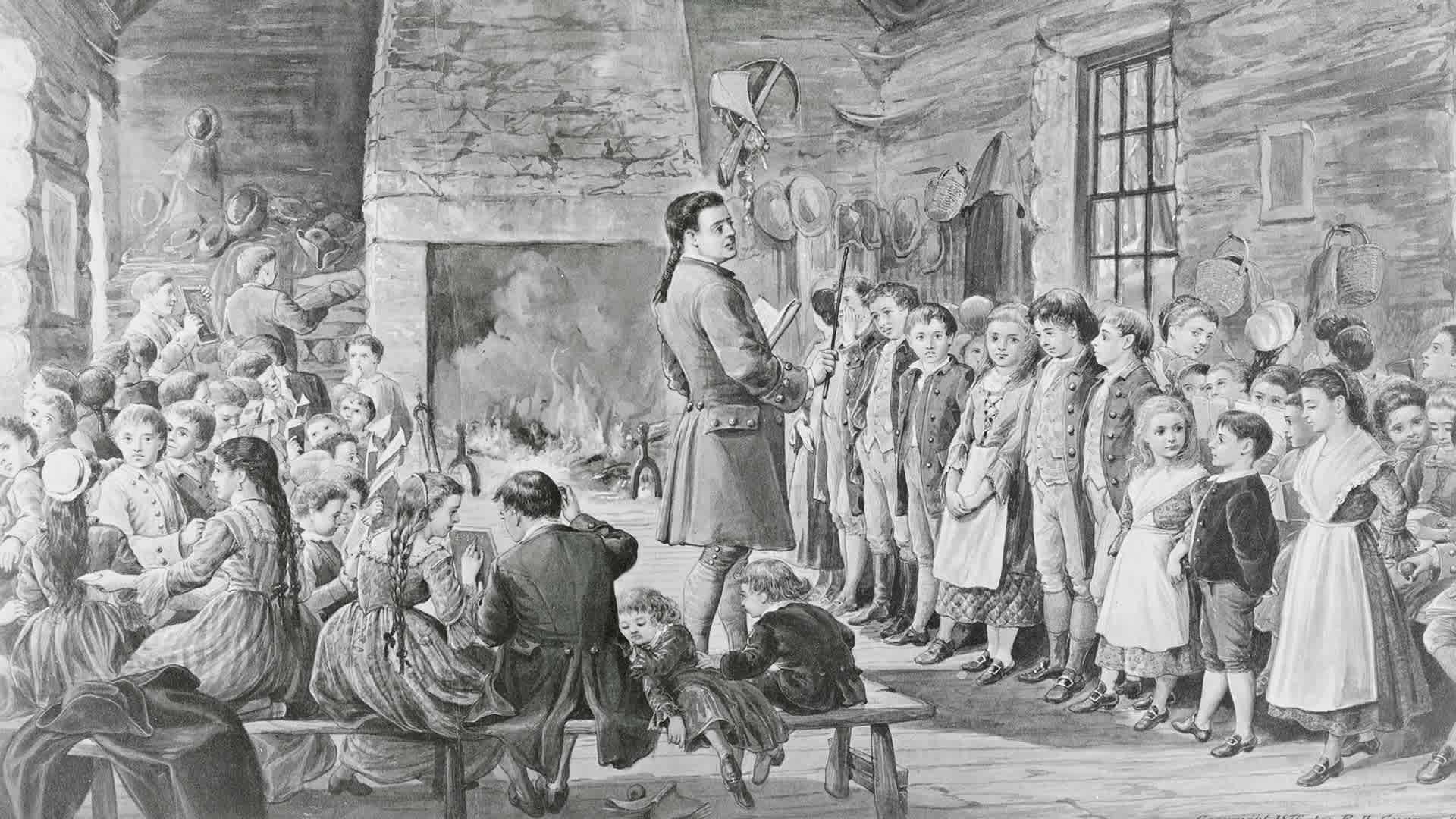 Colonial schoolroom scene showing teacher and students. Painting by Curran.