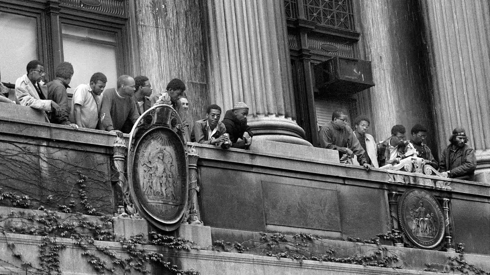 Columbia University Protest, 1968. African American students look down on the balcony of Hamilton Hall at Columbia University during student demonstrations