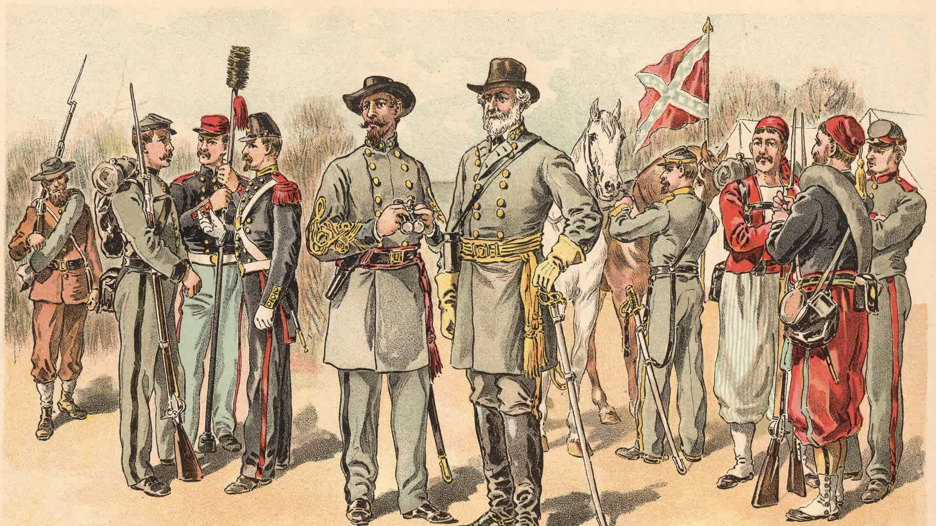 Confederate UniformsIllustration shows Confederate uniforms of the American Civil War. The uniforms shown are (left to right) North Carolina militia, Regular infantry private, Washington artilleryman, Montgomery True Blue (an Alabama artillery unit), infantry field officer, General Robert E. Lee (1807 - 1870), Regular cavalry private, Louisiana Tiger Zouave, Louisiana Zouave, Regular artillery private. (Image by Kean Collection/Getty Images)