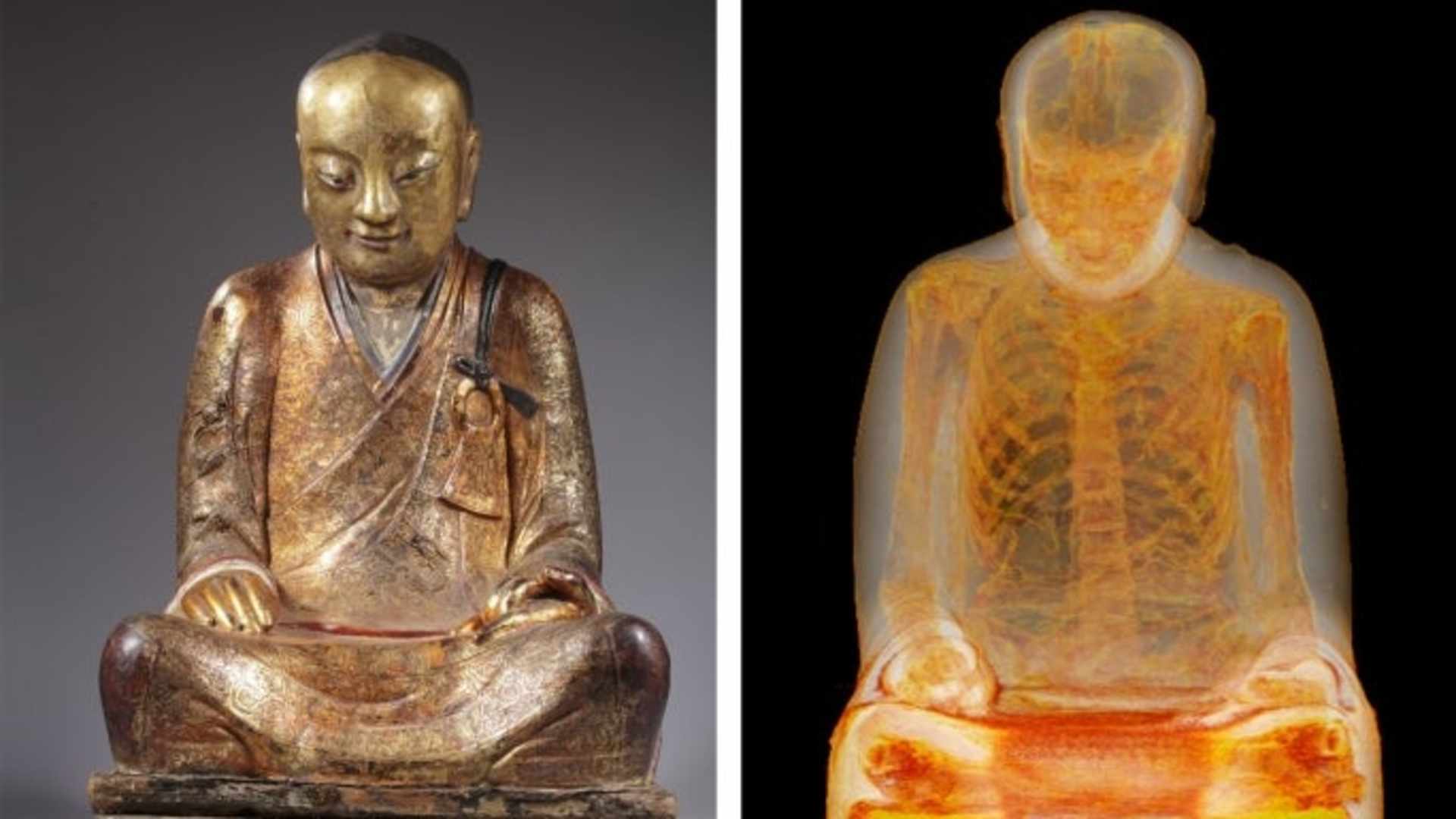 The Buddha alongside an image from an earlier CT scan.