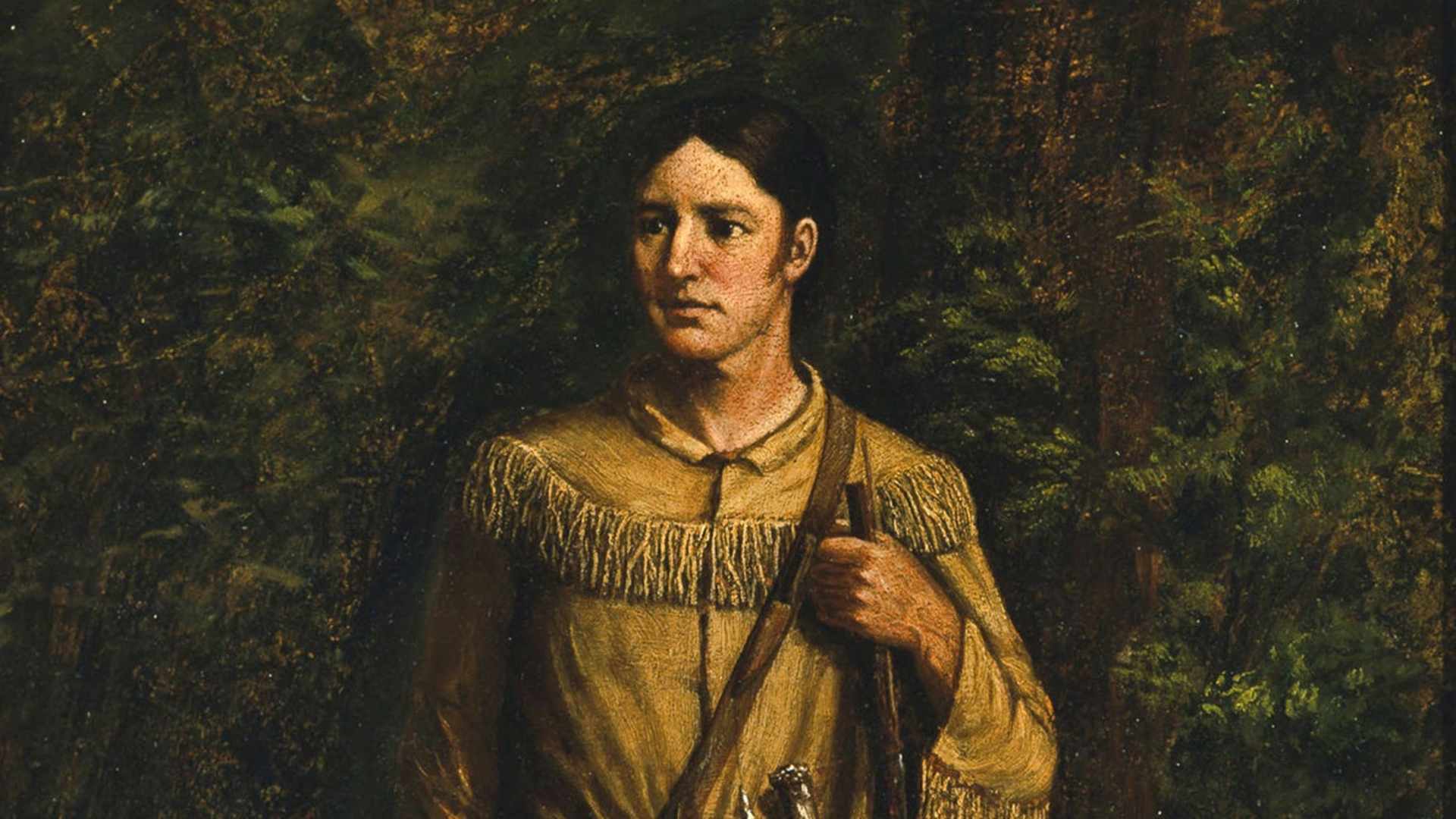 Vintage illustration of Davy Crockett in deerskins; screen print, 1921.