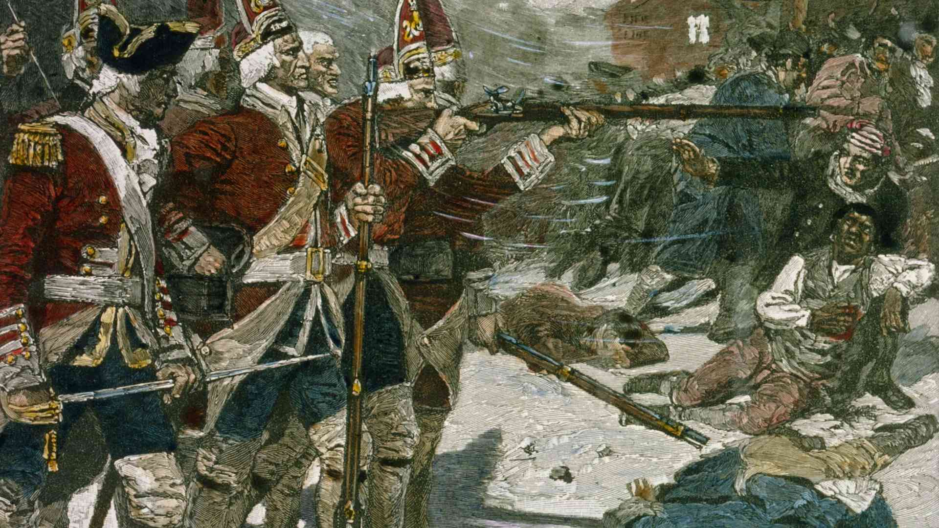 A line of British Soldiers fire on a crowd of unarmed colonists in an attack that came to be known as the Boston Massacre. (Credit: Bettmann Archive/Getty Images)