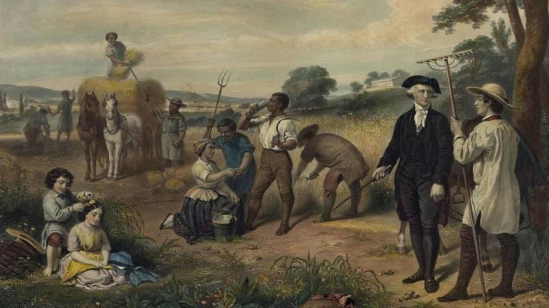 George Washington standing among slaves harvesting grain