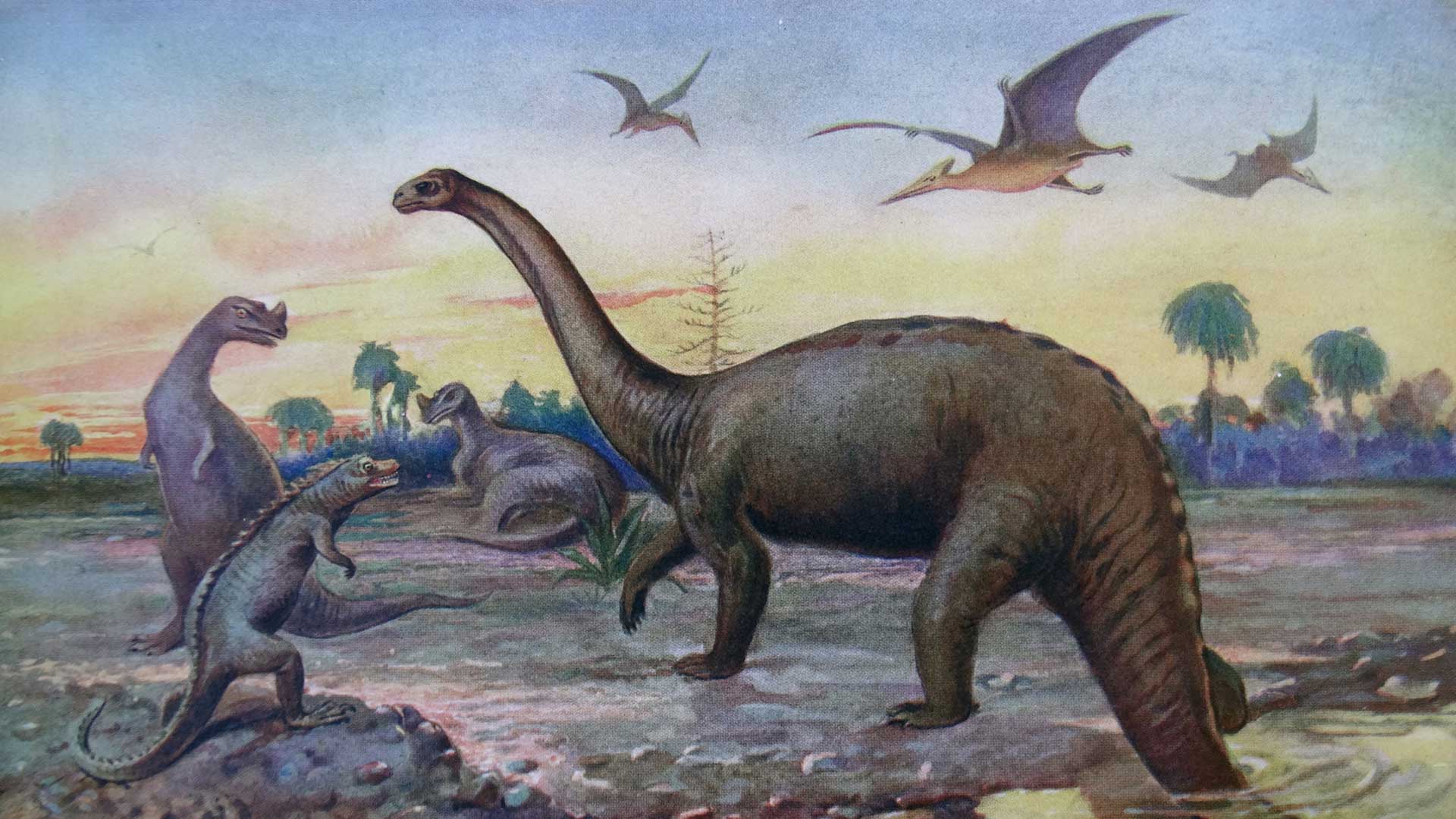 Painting depicting dinosaurs during the Saurian Age.