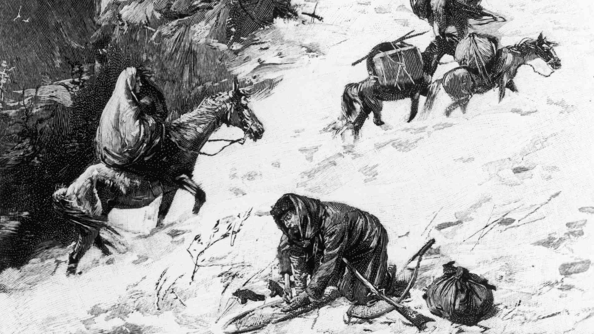 The Donner PartyIllustration captioned 'On The Way To The Summit,' depicting the Donner Party, a group of California-bound American emigrants caught up in the 'westering fever' of the 1840s. After becoming snowbound in the Sierra Nevada in the winter of 1846/1847, some of them resorted to cannibalism. USA, circa 1846. (Photo by Fotosearch/Getty Images).