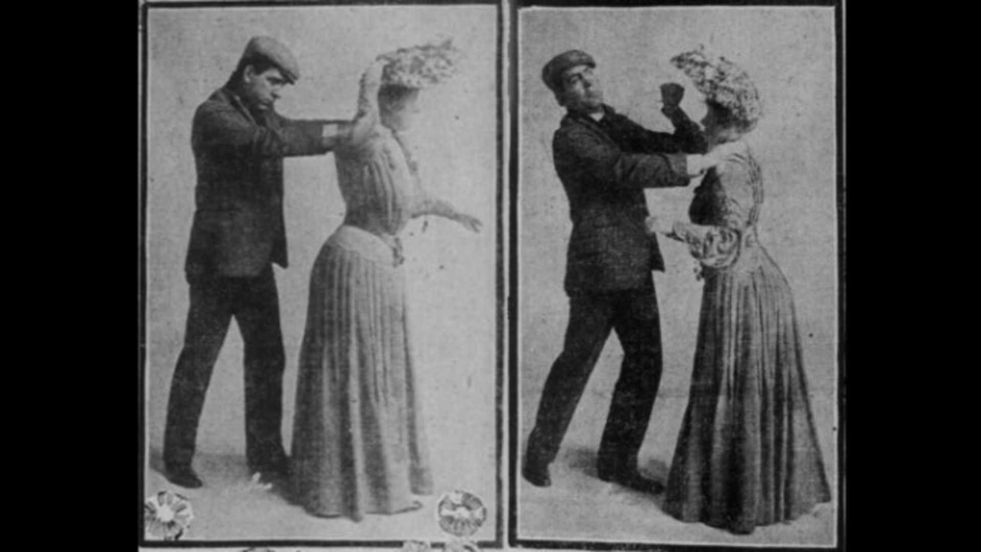 A woman demonstrating how to use a hat pin in self defense, 1904