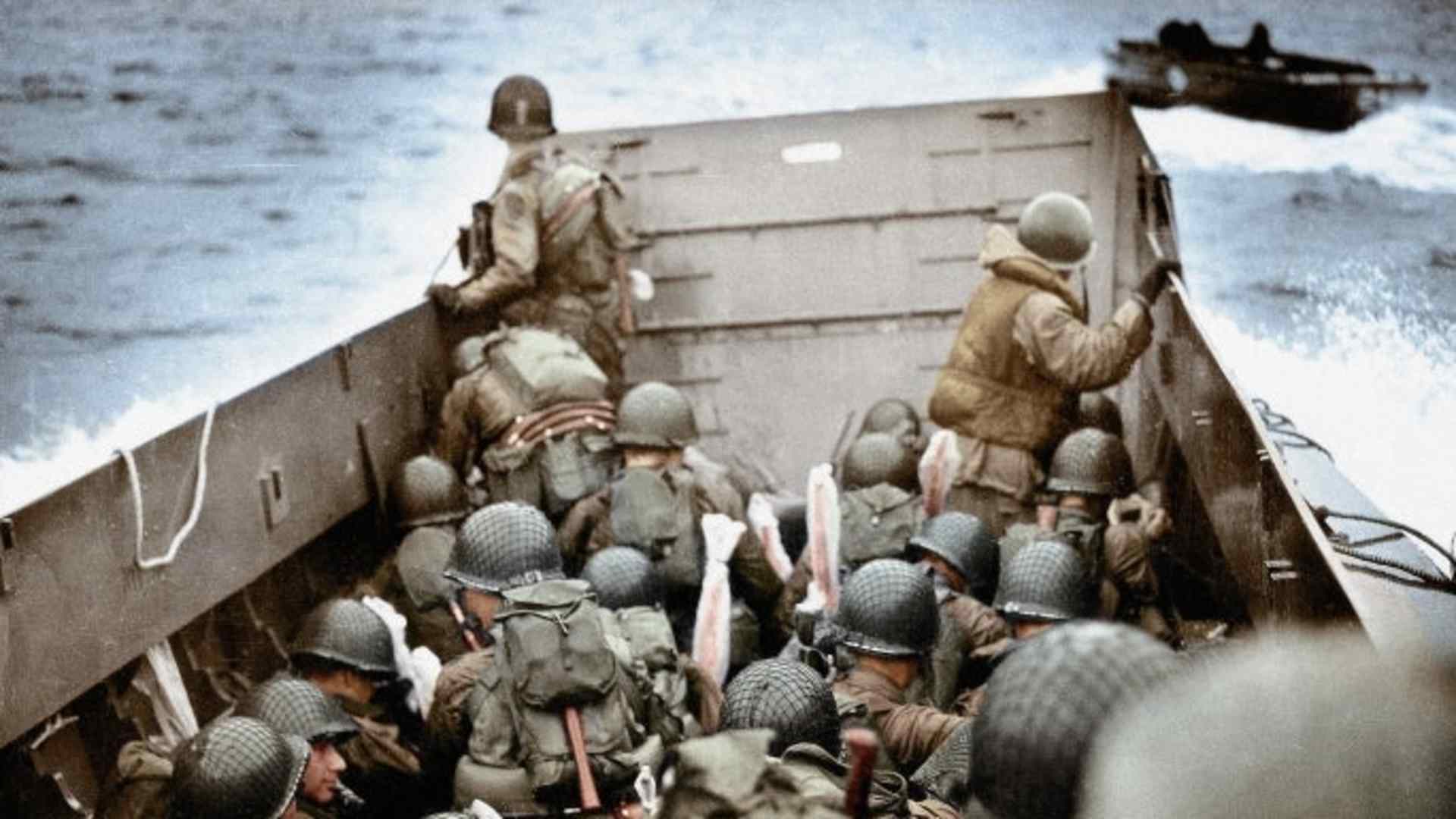 Troops approaching Omaha Beach in Normandy, France, 6th June 1944. These U.S. Army infantry men are amongst the first to attack the German defenses. (Credit: Galerie Bilderwelt/Getty Images)