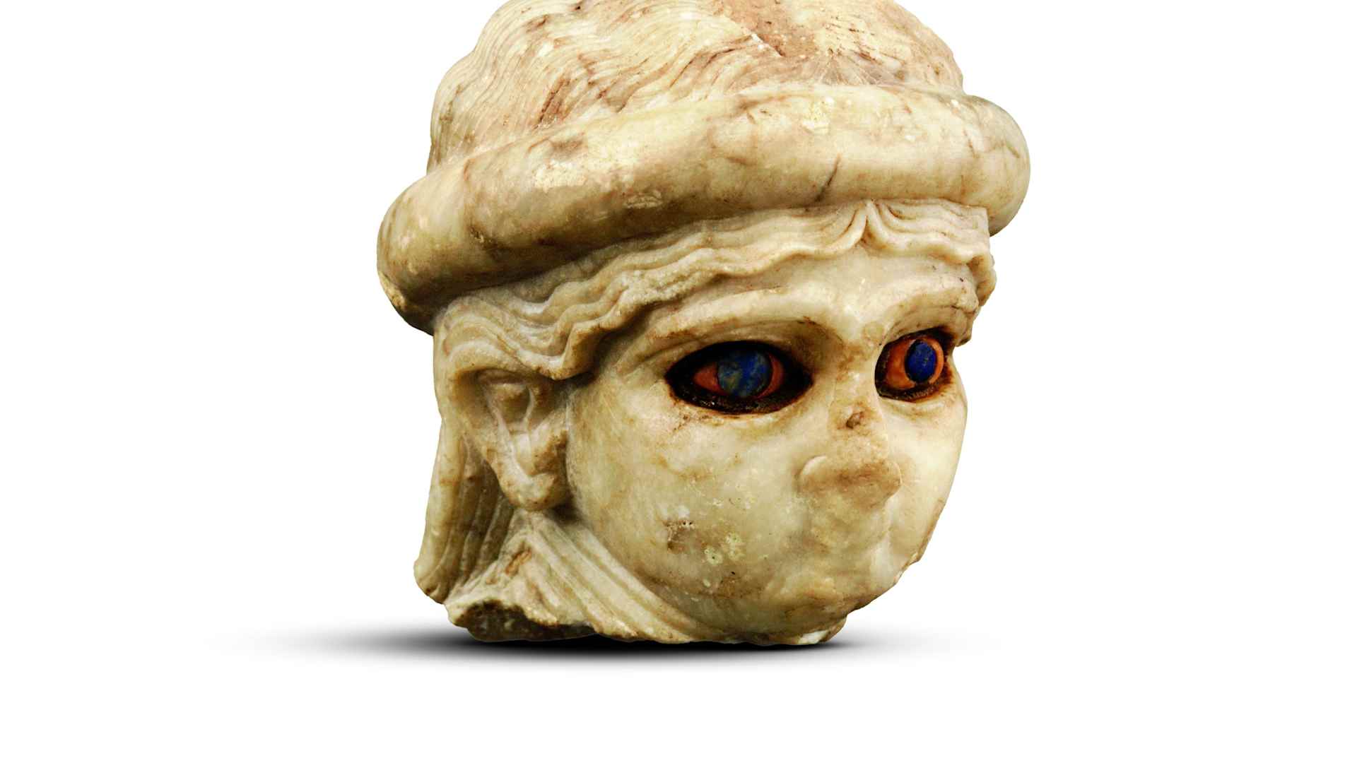Head of a high priestess with inlaid eyes Mesopotamia, Akkadian, Ur (modern Tell el-Muqayyar), area EH, south of gipar Akkadian period (ca. 2334–2154 BC) Alabaster, shell, lapis lazuli, and bitumen; 9.5 × 8 × 8.5 cm. University of Pennsylvania Museum of Archaeology and Anthropology, Philadelphia, USA, excavated 1926; B16228