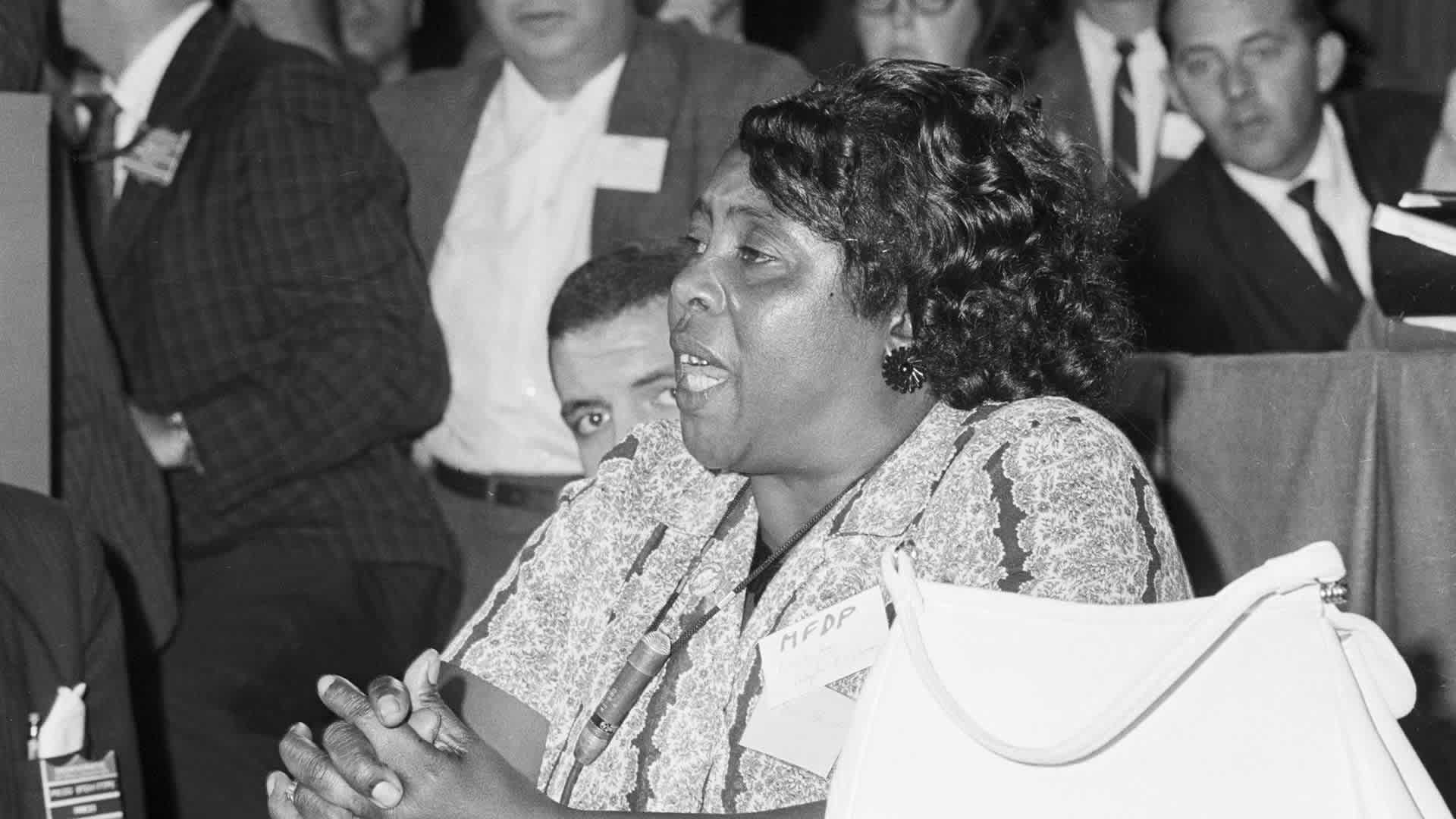 8/22/1964-Atlantic City, NJ-: Mississippi Freedom Democratic Party delegate Fanny Hamer speaks out for the meeting of her delegates at a credential meeting prior to the formal meeting of the Democratic National Convention.