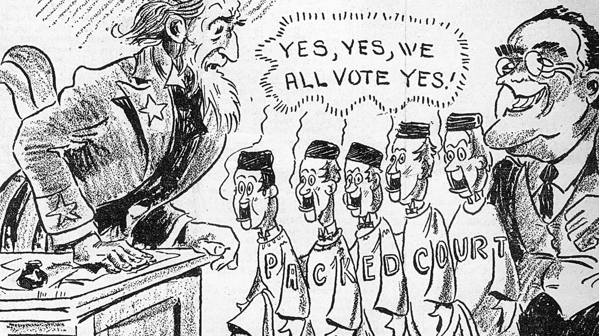 A political cartoon criticizing FDR's judge selection