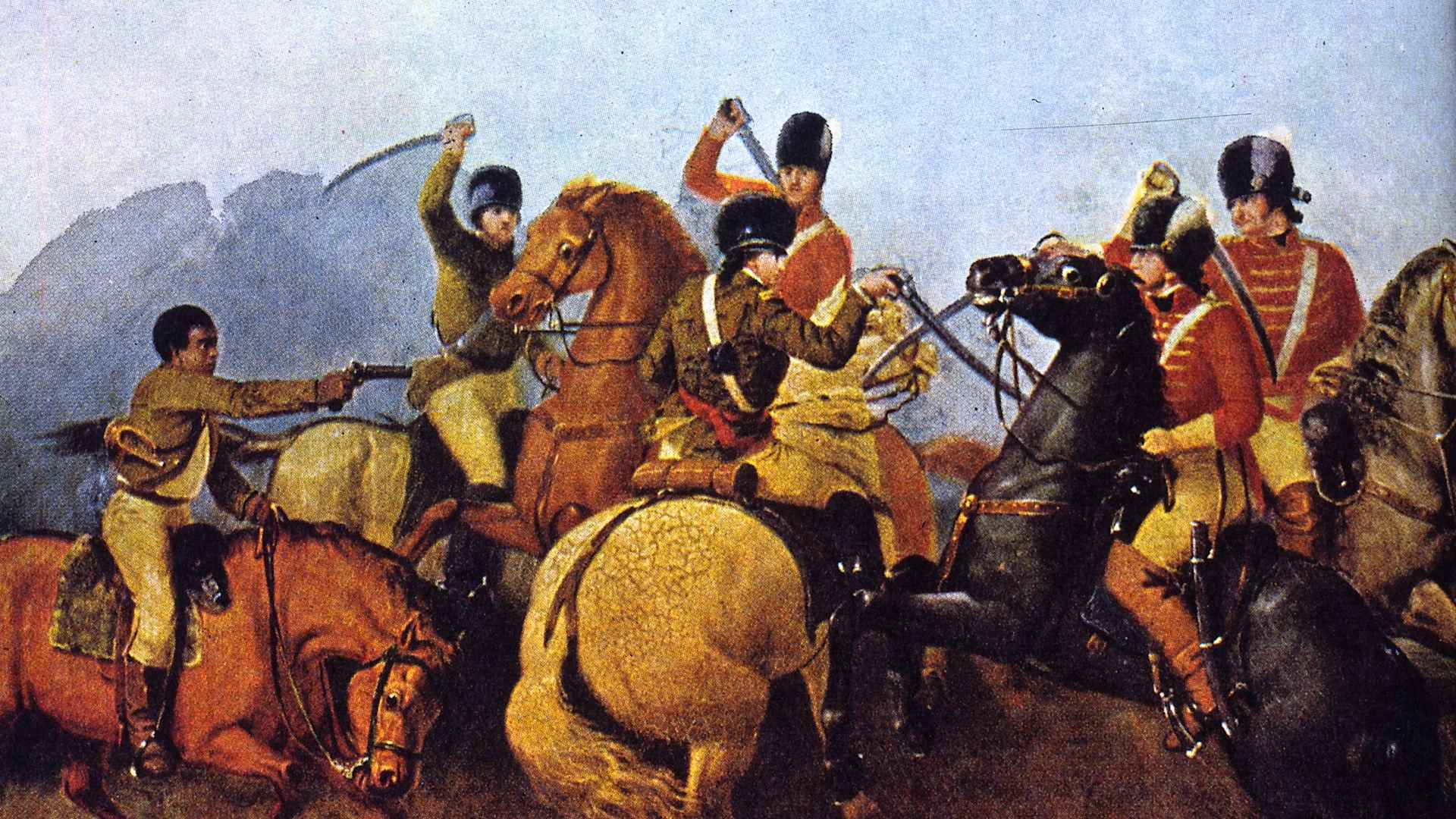 1781: American soldier Colonel Wiliam Washington fighting in hand to hand combat with British dragoon Lieutenant Colonel Banastre Tarleton along the Green River Road during the Battle of Cowpens. Colonel Washington's Bugler (left) is shooting one of Tarleton's officers. (Photo by MPI/Getty Images)