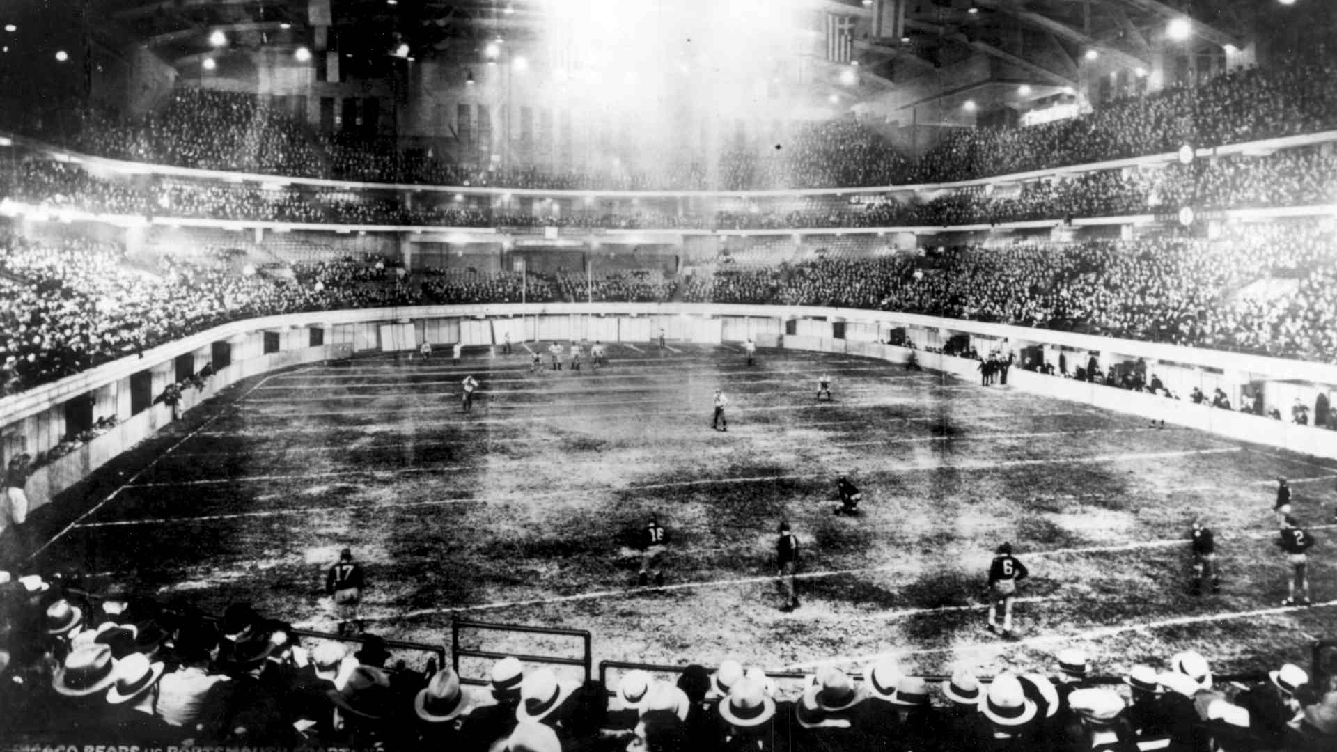 The Chicago Bears play against the Portsmouth, Ohio, Spartans in the National Professional Football League Championship, Dec. 18, 1932 in the Chicago Stadium. (Pro Football Hall of Fame via AP Images)