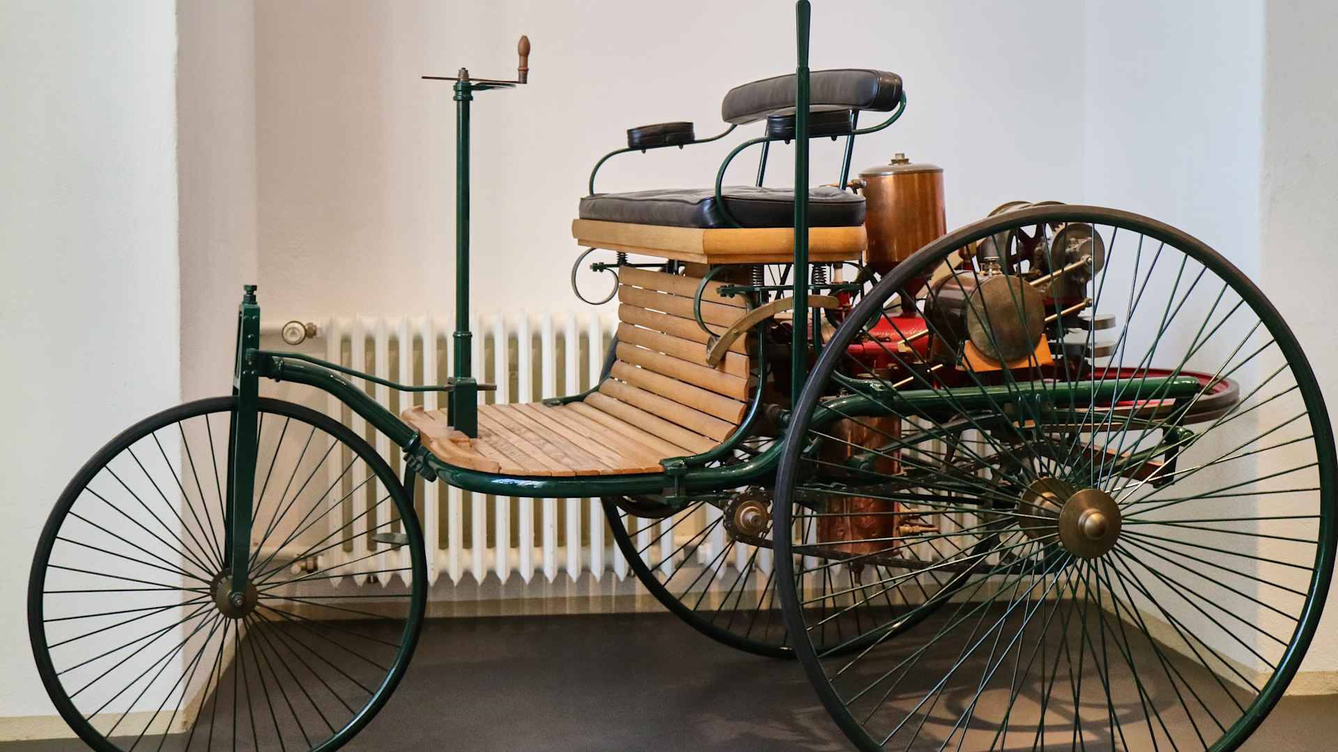 The world's first automobile: a 3-wheeled open buggy designed by Carl Benz in 1886, seen in the Dresden Transport Museum