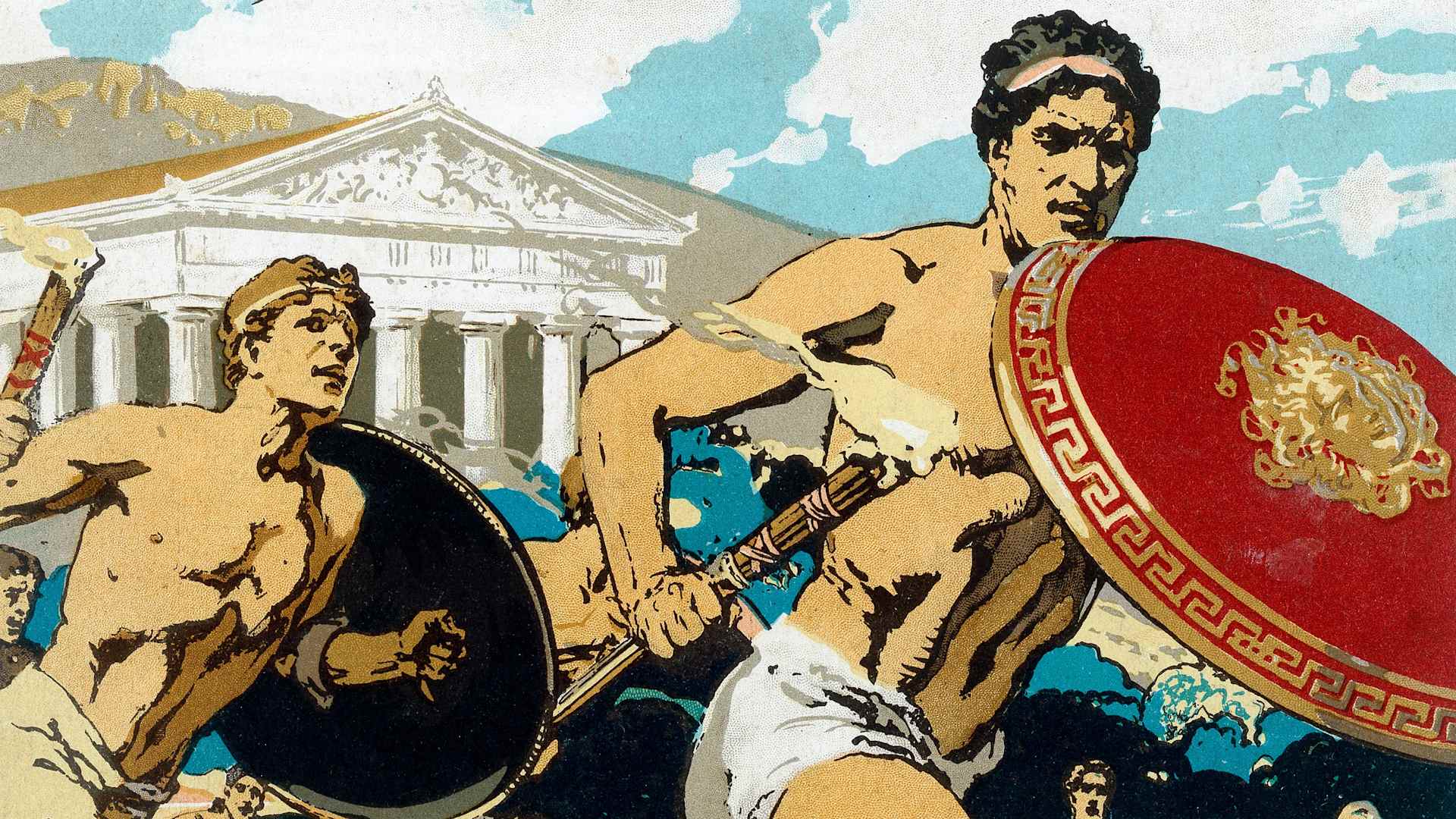 UNSPECIFIED - : Ancient Olympic Games: the relay race. Runners had to keep alight the flame and hand it to their fellows.This 1922 reconstruction shows runner protecting flame with shield. Chromolithograph. (Photo by Universal History Archive/Getty Images)