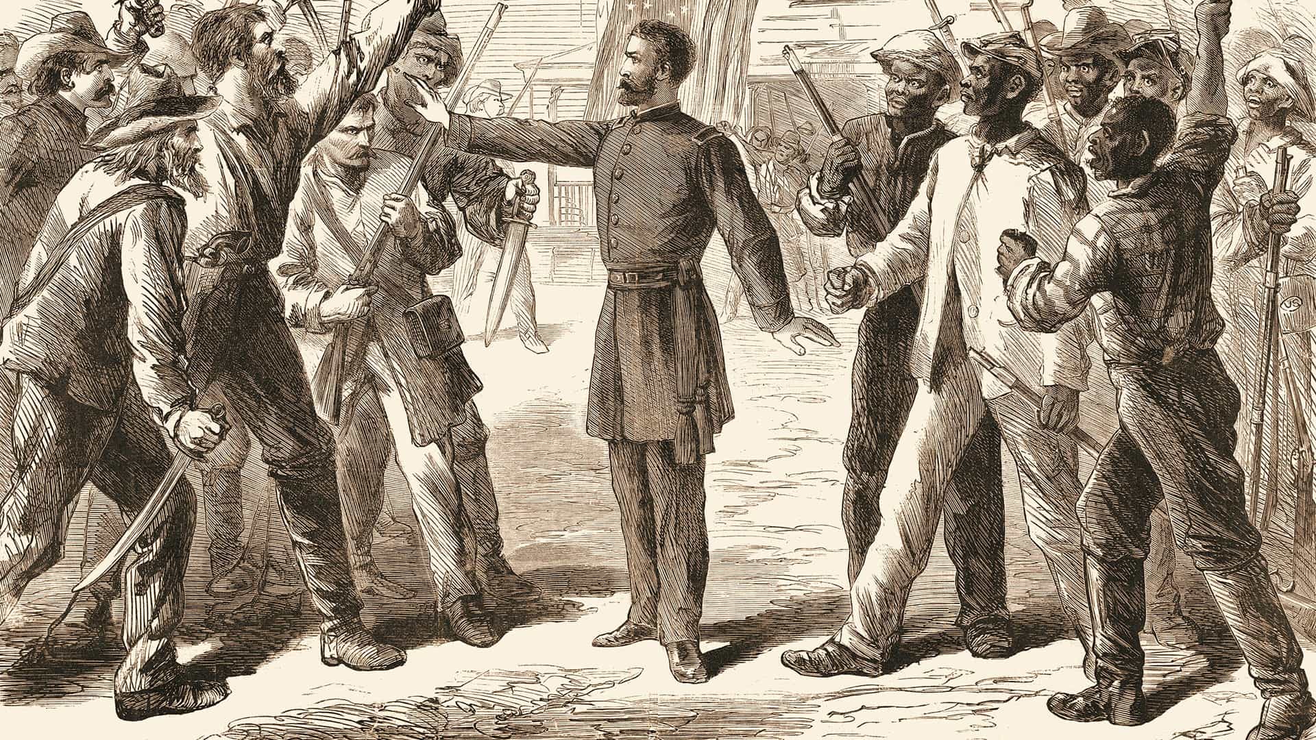Engraving shows an agent from the Freedmen's Bureau as he separates two groups of armed men, one comprised of white men and the other of freed slaves, 1868. The Freedmen's Bureau was created to help refugees from the American Civil War.