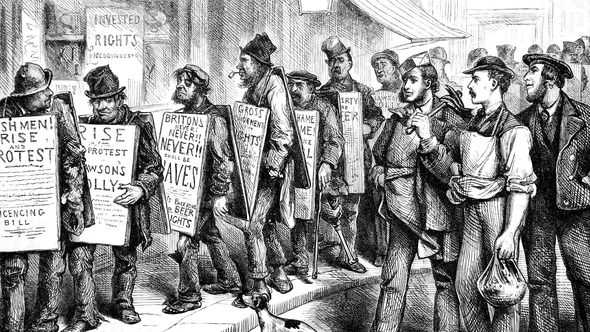 A demonstration against restrictions on the sale of alcohol in the united states of America.Illustration showing a demonstration against restrictions on the sale of alcohol in the united states of America 1875. (Photo by: Universal History Archive/Universal Images Group via Getty Images)