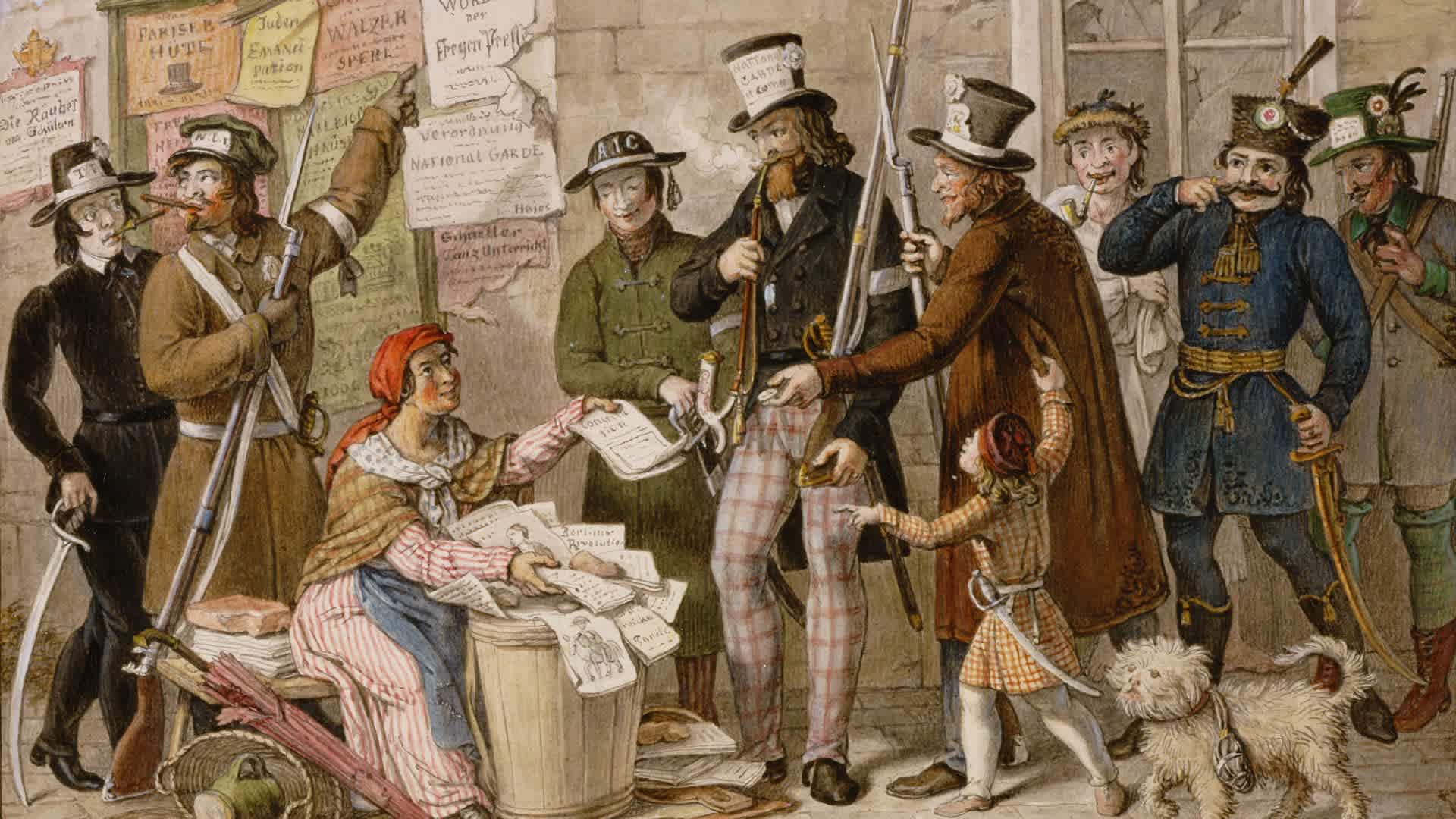 The first uncensored newspaper after the revolutio AUSTRIA - JANUARY 01: The first uncensored newspaper is sold in the streets of vienna after the revoltion of 1848. Watercolour by Johann Nepomuk Hoefel. (Photo by Imagno/Getty Images) [Die erste unzensierte Zeitung wird in den Strassen Wiens nach der Revolution von 1848 verkauft. Aquarell von Johann Nepomuk Hoefel.]
