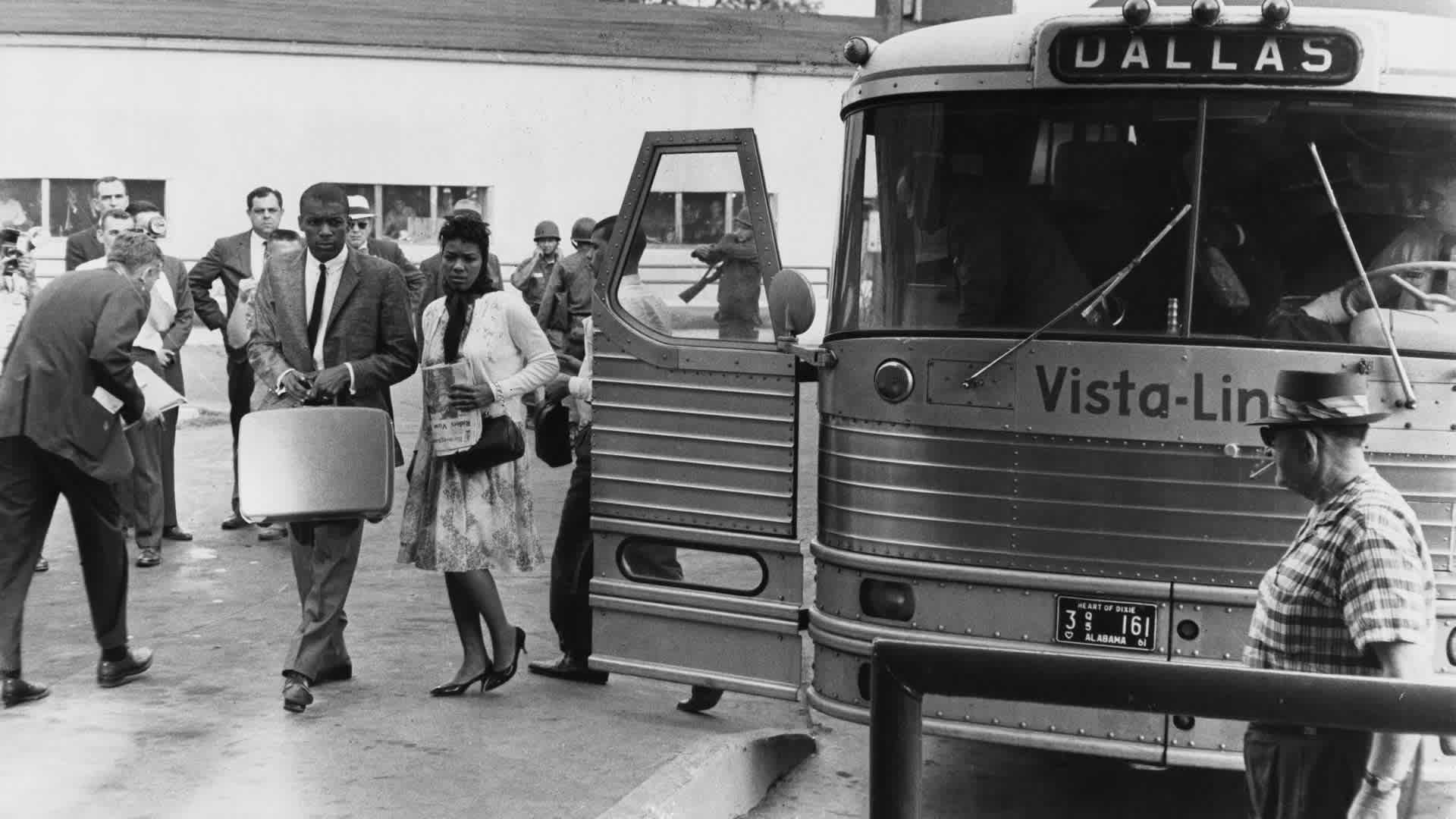 Freedom Riders Head For Jackson, MississippiCivil rights activists known as the Freedom Riders disembark from their bus (marked Dallas), en route from Montgomery, Alabama, to Jackson, Mississippi, as they seek to enforce integration by using 'white only' waiting rooms at bus stations, 26th May 1961. (Photo by Daily Express/Archive Photos/Hulton Archive/Getty Images)