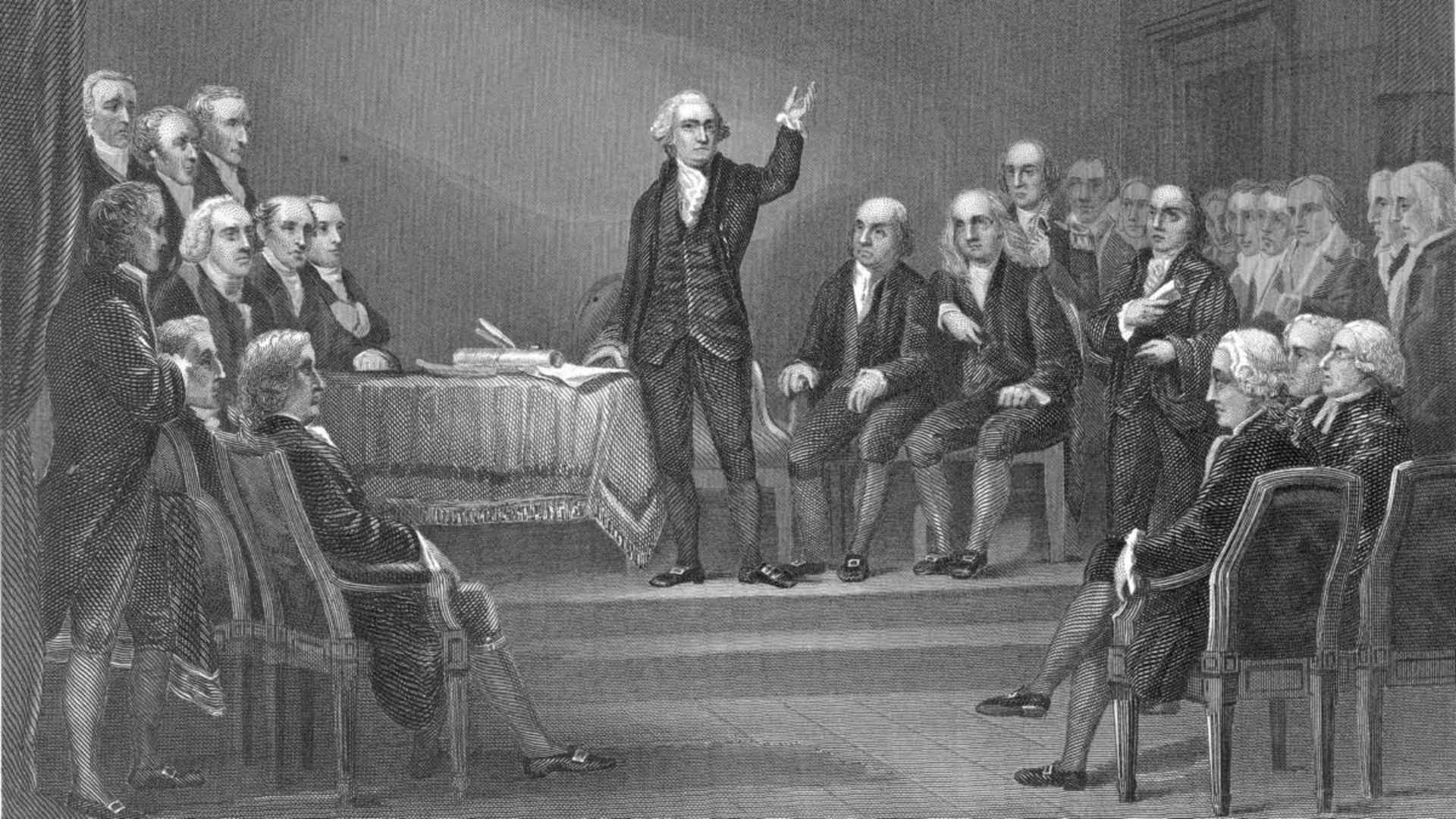 George Washington presiding over the Constitutional Convention, 1787.  (Credit: Hulton Archive/Getty Images)