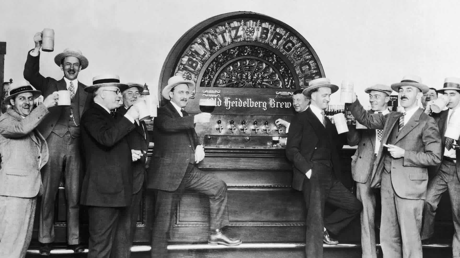 Customers enjoying steins of beer at the Old Heidelberg Brewery, in Chicago, c. 1900.