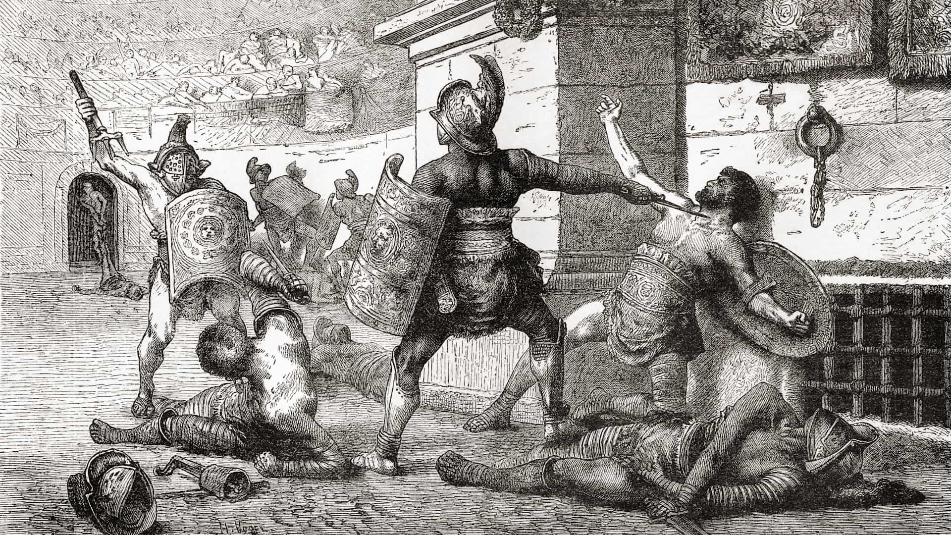 Combat between gladiators in ancient Rome. The vanquished appeals to the spectators for mercy. From Ward and Lock's Illustrated History of the World, published c. 1882.