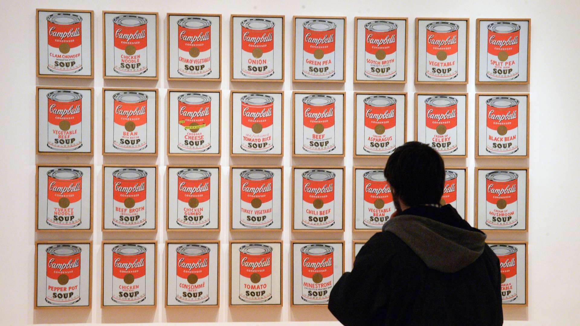 A visitor looks at the work 'Campbell's Soup Cans' by artist Andy Warhol at the Museum of Modern Art (MoMA) in New York City