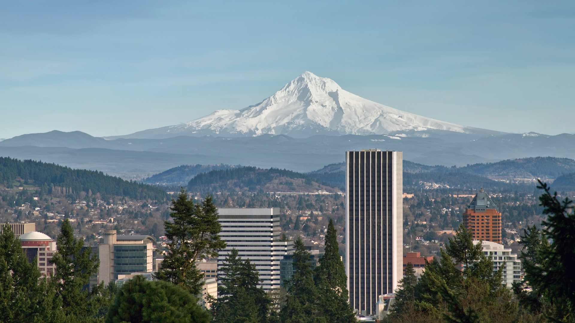Mount Hood View with Portland Downtown Skyline - stock photo