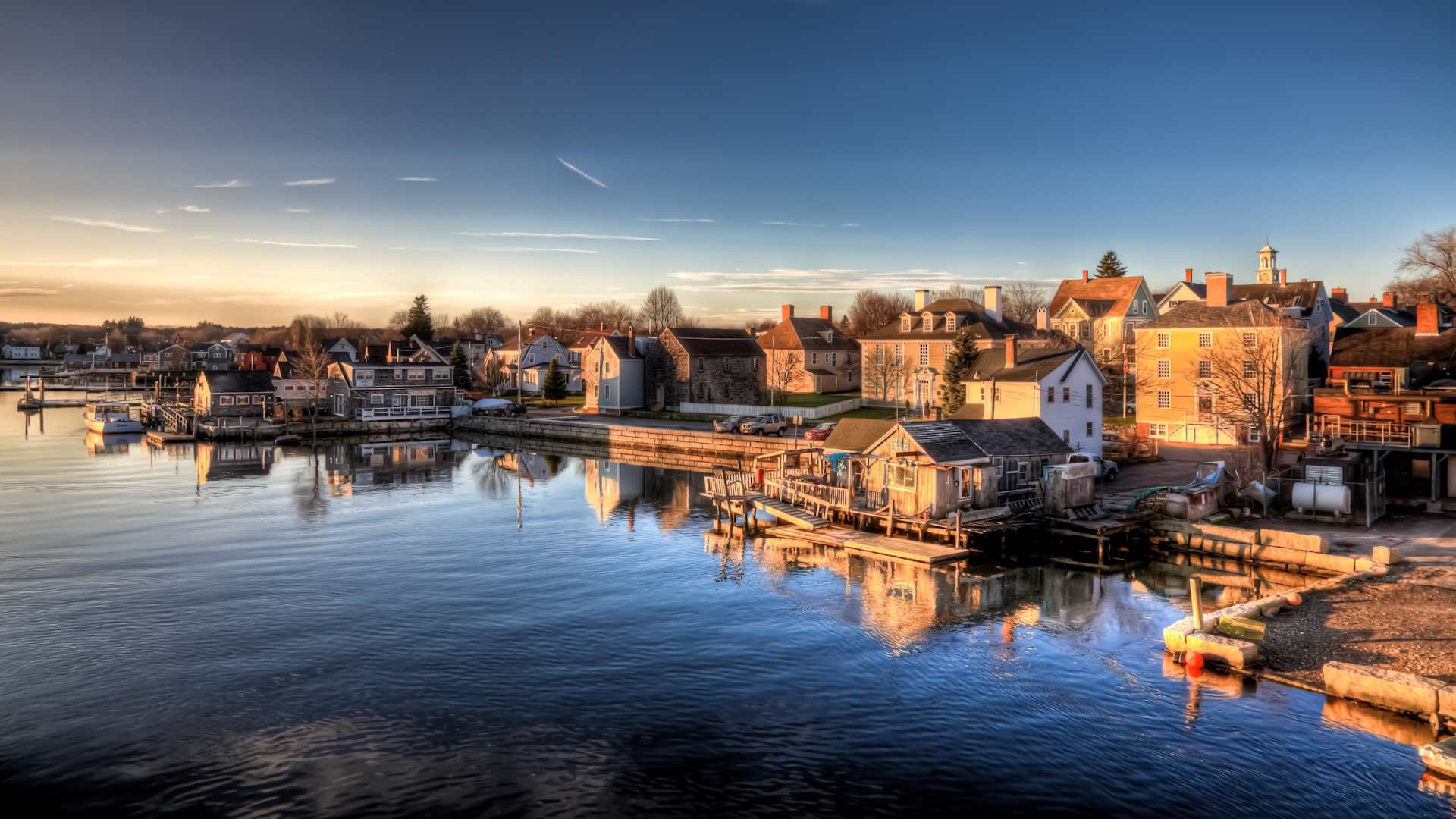 Sunrise illuminates the historic South End waterfront of Portsmouth, New Hampshire.
