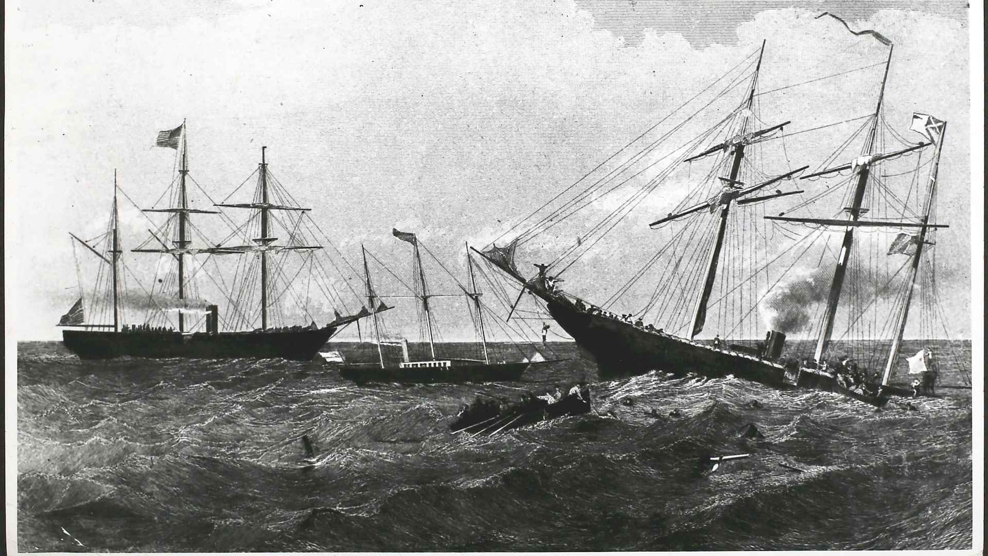 Action between the Union cruiser ‘USS Kearsarge’ and the Confederate raider ‘CSS Alabama’ at the Battle of Cherbourg, France, 19th June 1864. The crew of the ‘Alabama’ are being rescued by the British yacht ‘Deerhound’. (Photo by Hulton Archive/Getty Images)