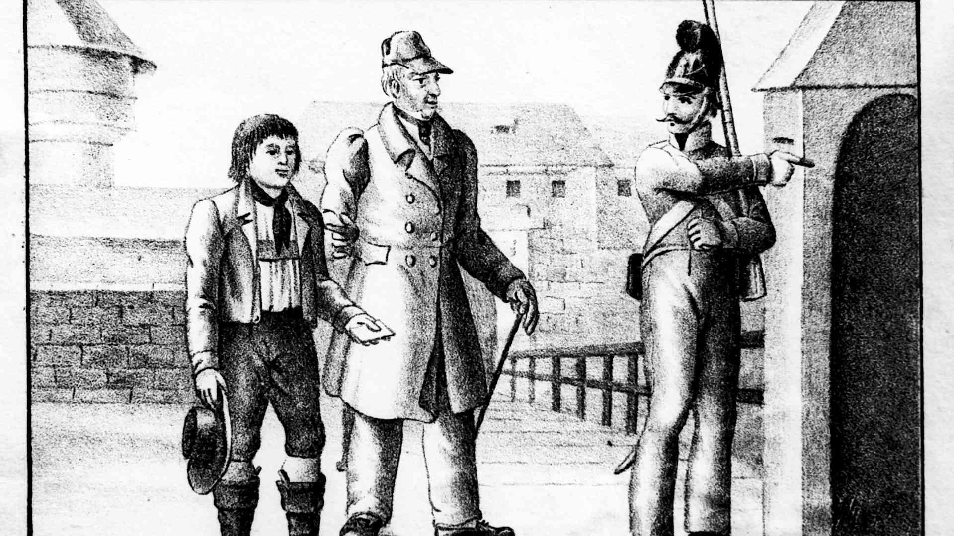 The legend about the "foundling of Nuremberg" draws on the birthday of the allegedly exchanged heir to the throne of Baden, Alexander (29 September - 16 October 1812), for Kaspar Hauser. The true heir to the throne shall have been exchanged for a dying baby to enable other members of the dynasty the succession to the throne. There is the rumour that Kaspar Hauser is the hereditary prince born in 1812. The city library of Nuremberg opens the exhibition "Kaspar Hauser - anniversary of a legend" on the occasion of the 150th retrun of this day and offers scientific material on this case for discussion. The presented documents referring to the story of the "Hauser case" contain around 200 exhibits with pictures of persons and houses around Kaspar Hauser and shall investigate the case of a young man who also died in mysterious circumstances. The picture shows one of the exhibits on which Kaspar Hauser (left) enters the free city Nuremberg for the first time (archive photograph, 24 August 1962). | usage worldwide (Photo by Karl Schnörrer/picture alliance via Getty Images)
